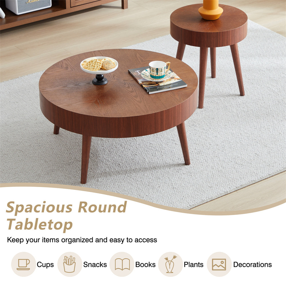 2-Piece Modern Round Coffee Table Set for Living Room, Faux Wood End Table