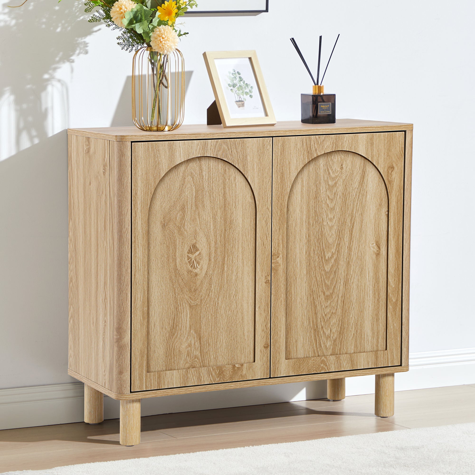 Accent Cabinet with Arched Fluted Door for Entryway Hallway, Walnut Sideboard Buffet Cabinet, Storage Cabinet with Adjustable Shelves for Living Room