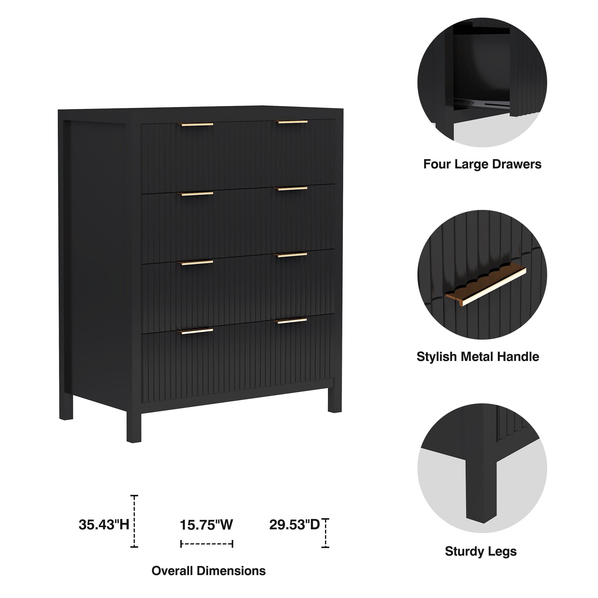Fluted 4 Drawer Dressers for Bedroom, 30" Wide Modern Chest of Drawer with 4 Big Drawers