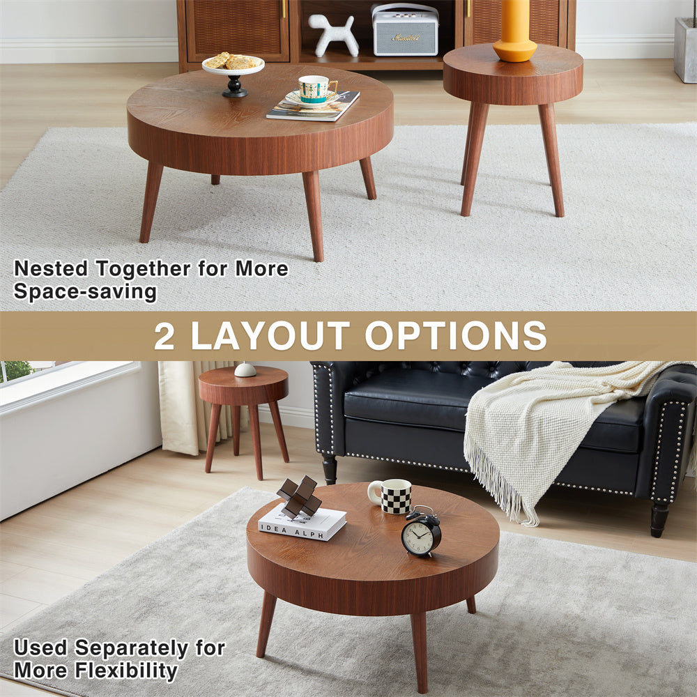 2-Piece Modern Round Coffee Table Set for Living Room, Faux Wood End Table