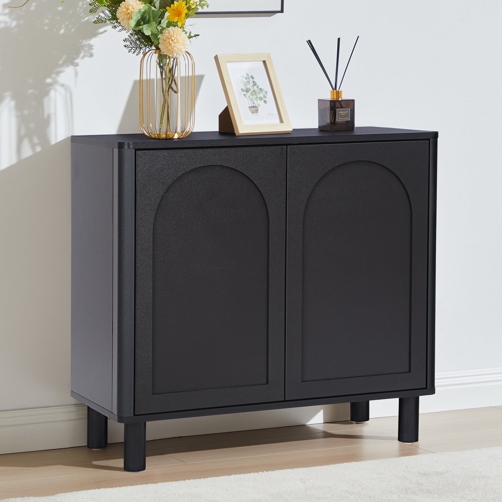 Accent Cabinet with Arched Fluted Door for Entryway Hallway, Walnut Sideboard Buffet Cabinet, Storage Cabinet with Adjustable Shelves for Living Room