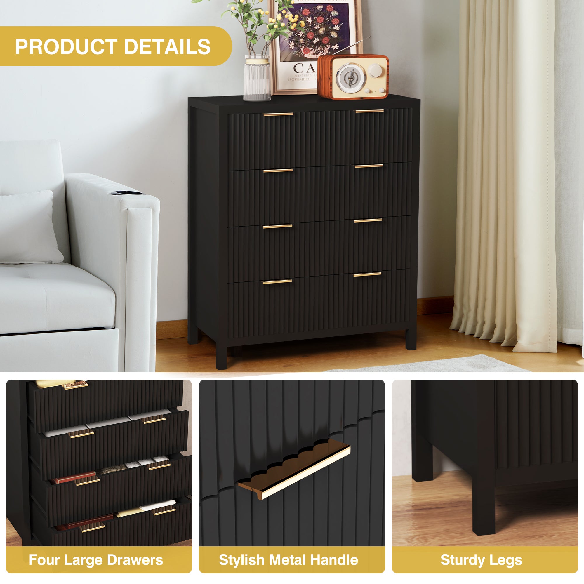 Fluted 4 Drawer Dressers for Bedroom, 30" Wide Modern Chest of Drawer with 4 Big Drawers