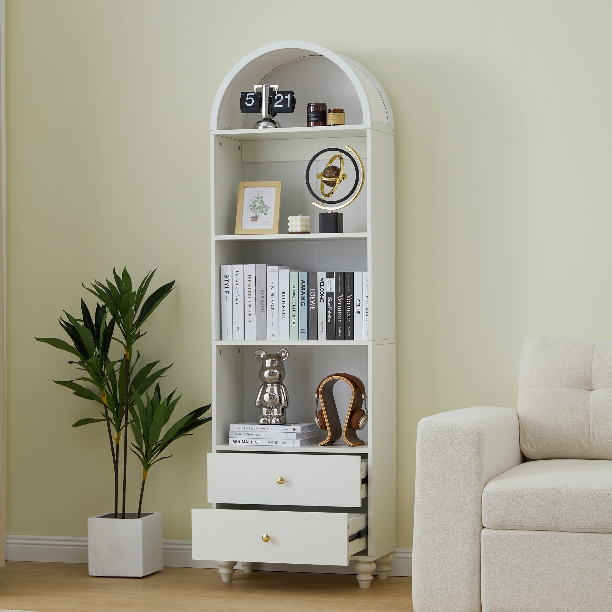 YOCWO 75" Tall Arched Bookcases with 2 Large Drawers & 4 Shelves, Wooden Bookshelf for Living Room Office