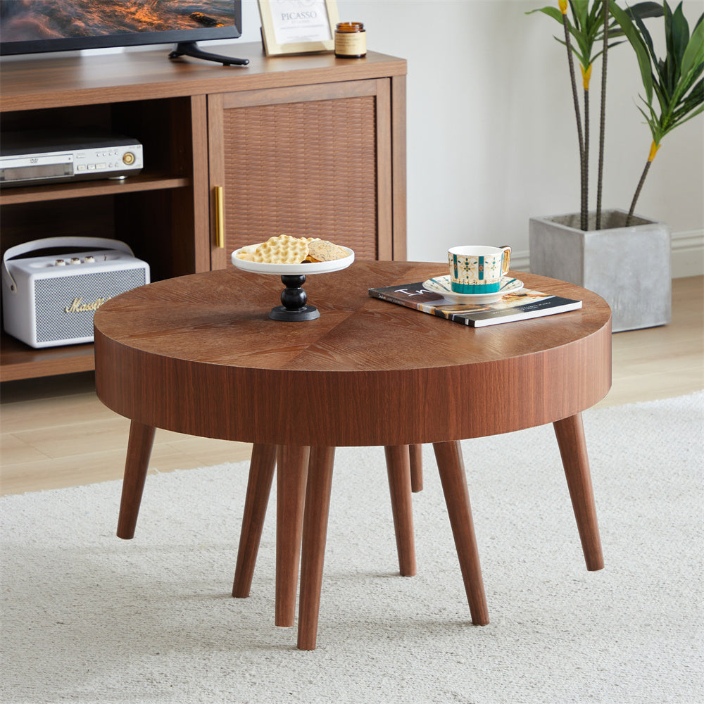 2-Piece Modern Round Coffee Table Set for Living Room, Faux Wood End Table