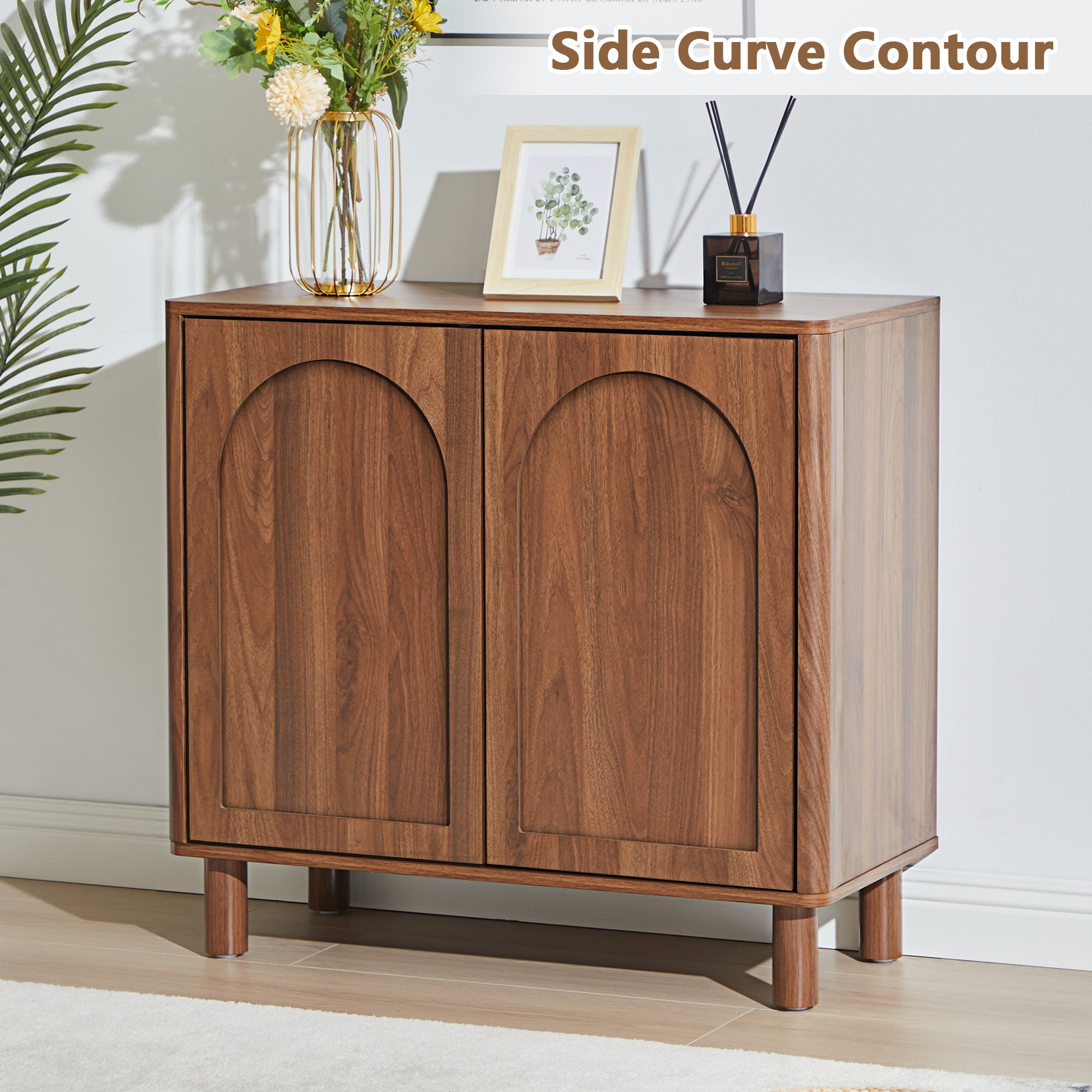 Accent Cabinet with Arched Fluted Door for Entryway Hallway, Walnut Sideboard Buffet Cabinet, Storage Cabinet with Adjustable Shelves for Living Room