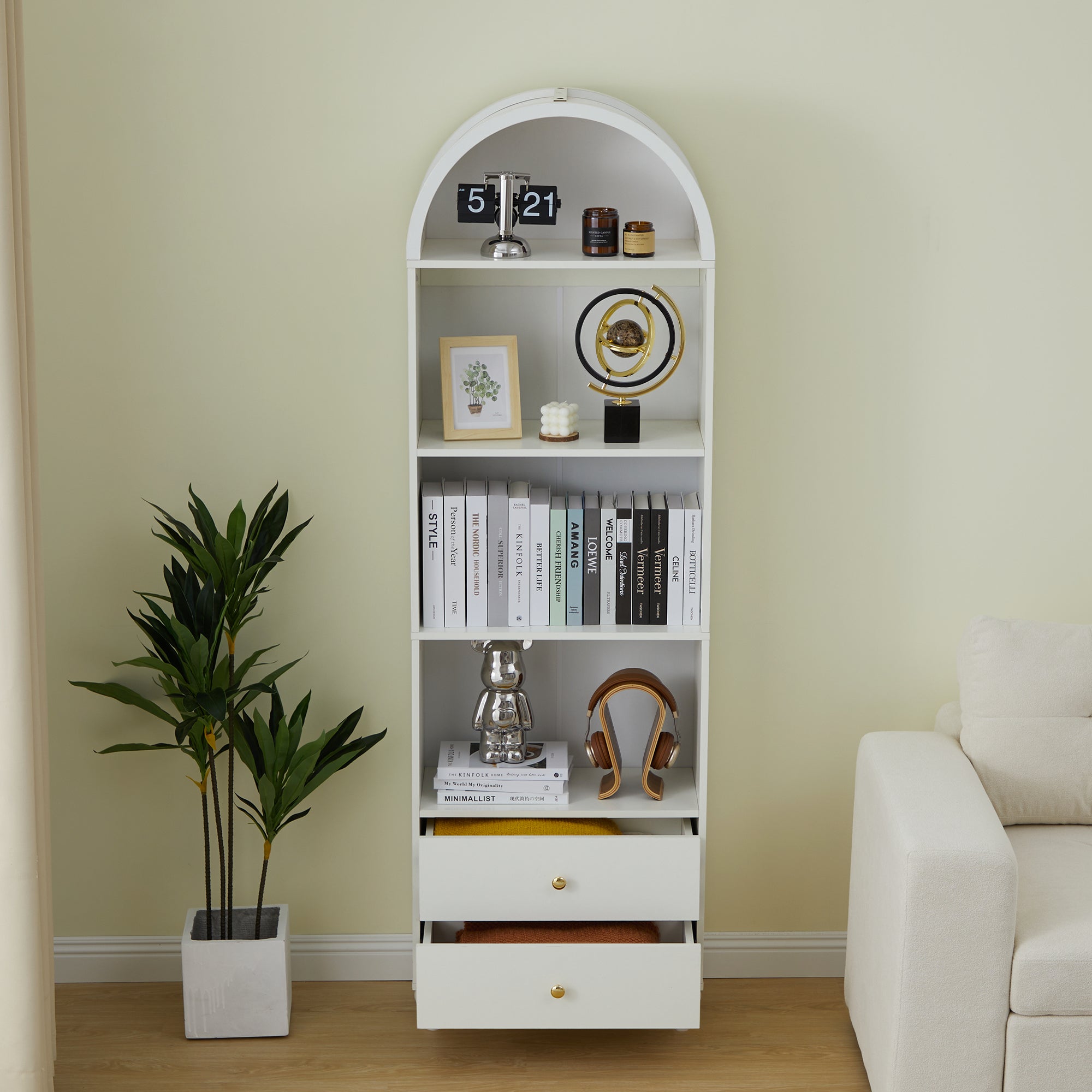YOCWO 75" Tall Arched Bookcases with 2 Large Drawers & 4 Shelves, Wooden Bookshelf for Living Room Office