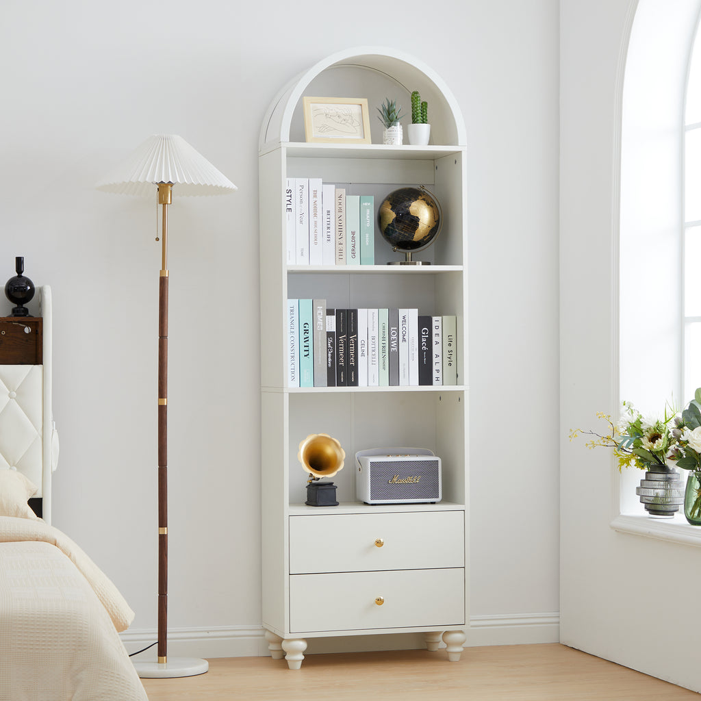 YOCWO 75" Tall Arched Bookcases with 2 Large Drawers & 4 Shelves, Wooden Bookshelf for Living Room Office