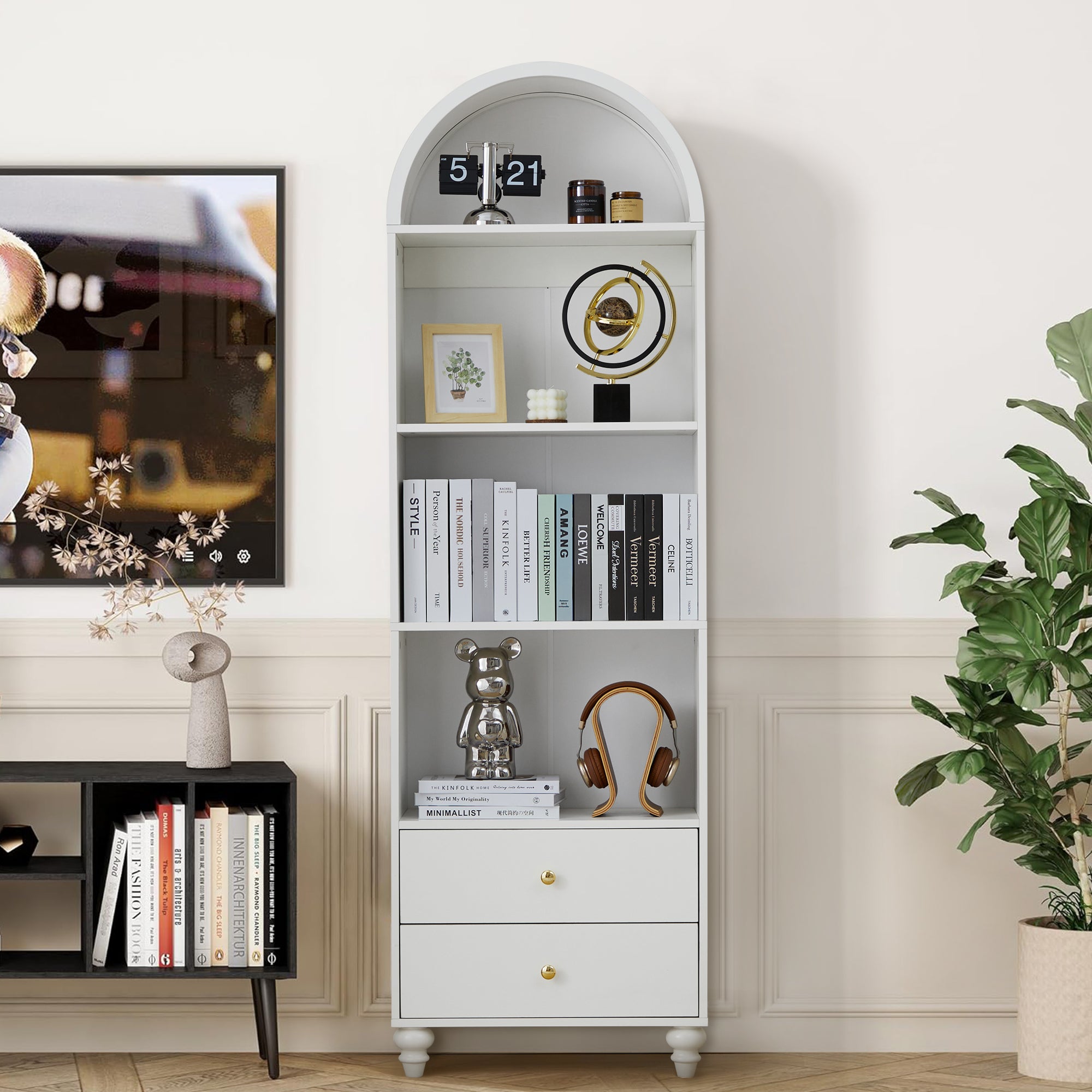 YOCWO 75" Tall Arched Bookcases with 2 Large Drawers & 4 Shelves, Wooden Bookshelf for Living Room Office