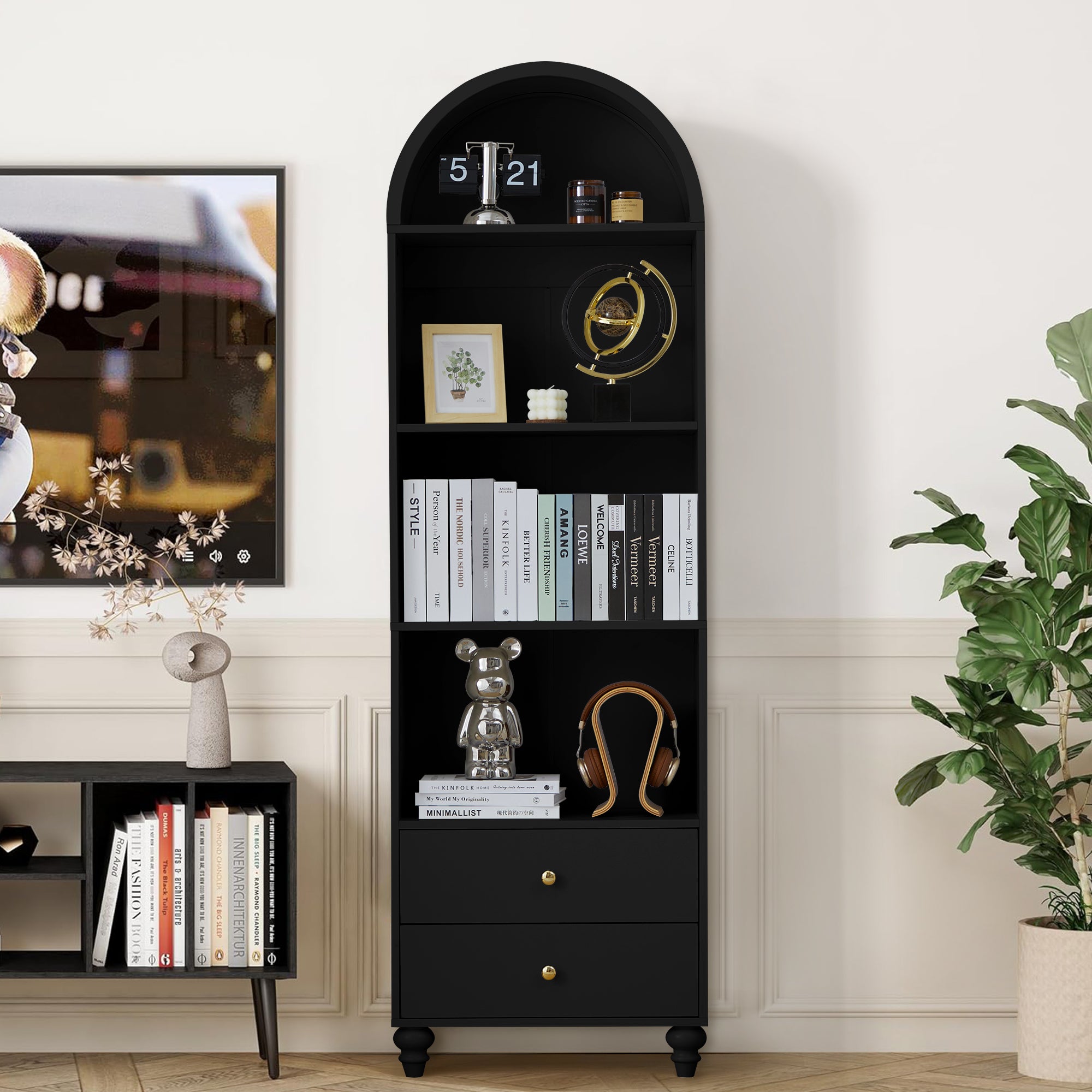 YOCWO 75" Tall Arched Bookcases with 2 Large Drawers & 4 Shelves, Wooden Bookshelf for Living Room Office