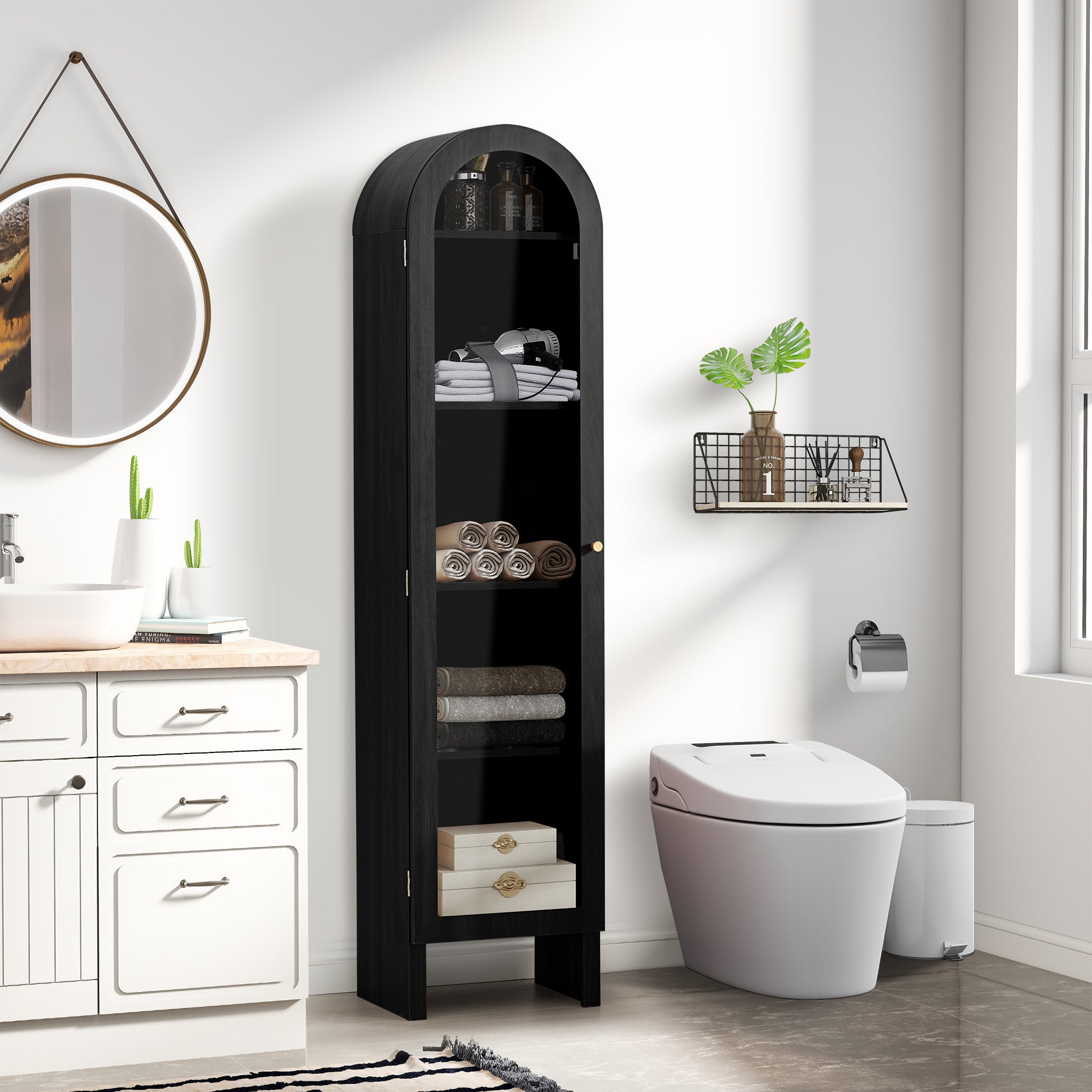 YOCWO Narrow Arched Bookcases with 5 Adjustable Shelves, Wooden Bookshelf wih Glass Door for Living Room Office
