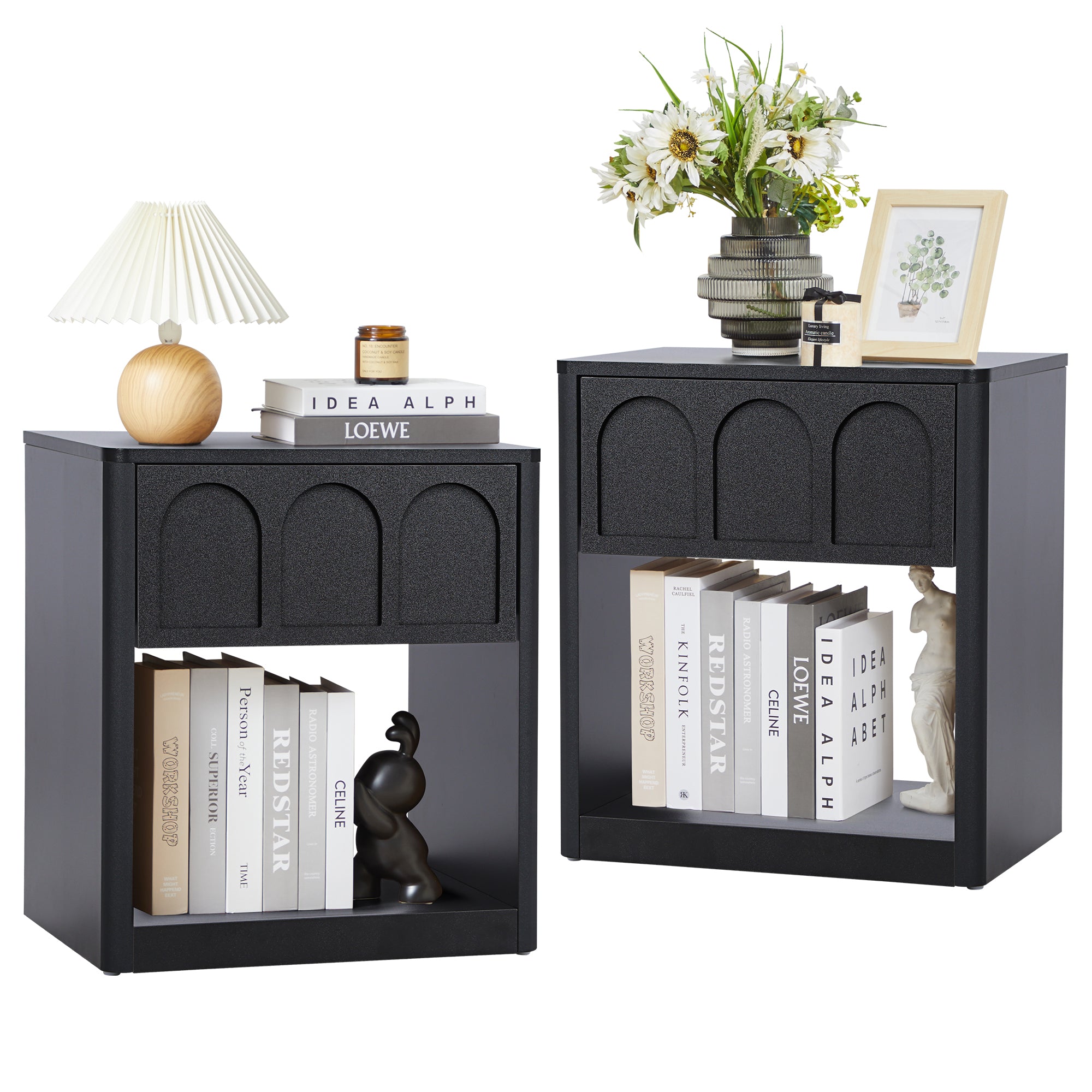 YOCWO Nightstand Set of 2 with Drawer for Bedroom, Wood Bedside Table with Arched Fluted