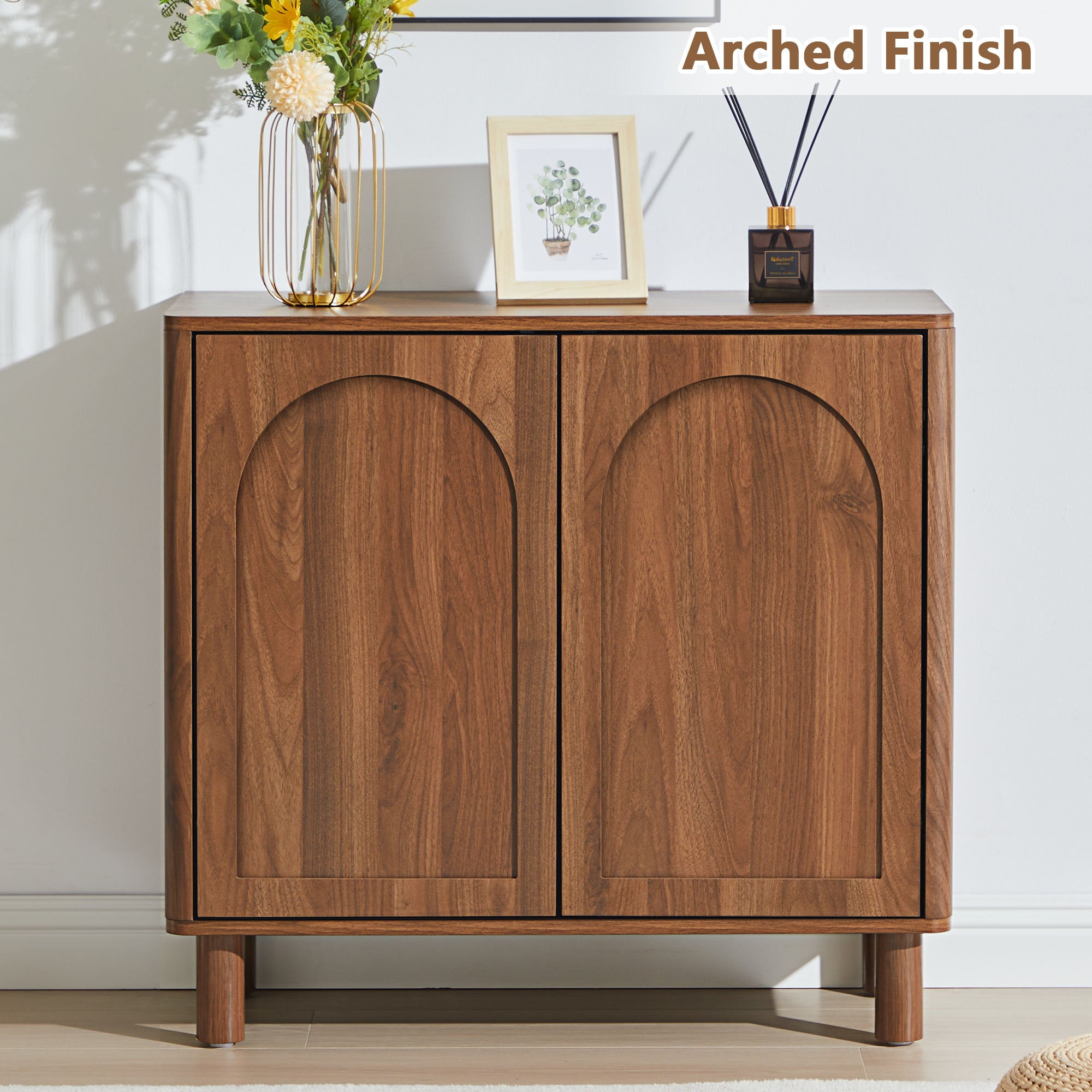 Accent Cabinet with Arched Fluted Door for Entryway Hallway, Walnut Sideboard Buffet Cabinet, Storage Cabinet with Adjustable Shelves for Living Room