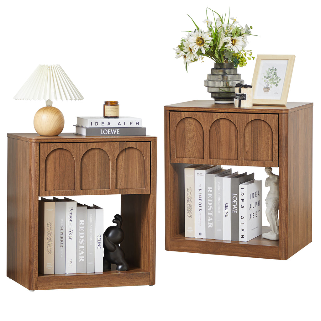 YOCWO Nightstand Set of 2 with Drawer for Bedroom, Wood Bedside Table with Arched Fluted