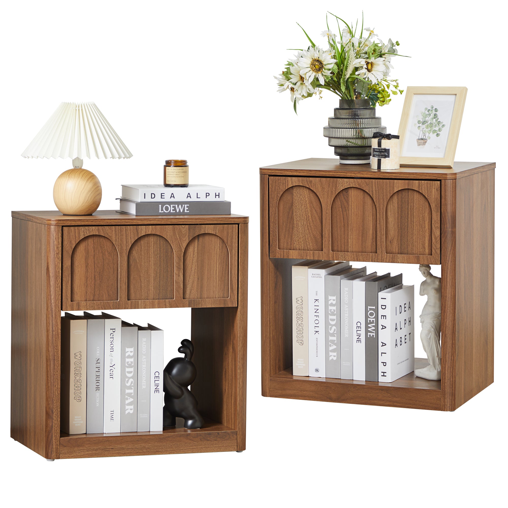 YOCWO Nightstand Set of 2 with Drawer for Bedroom, Wood Bedside Table with Arched Fluted