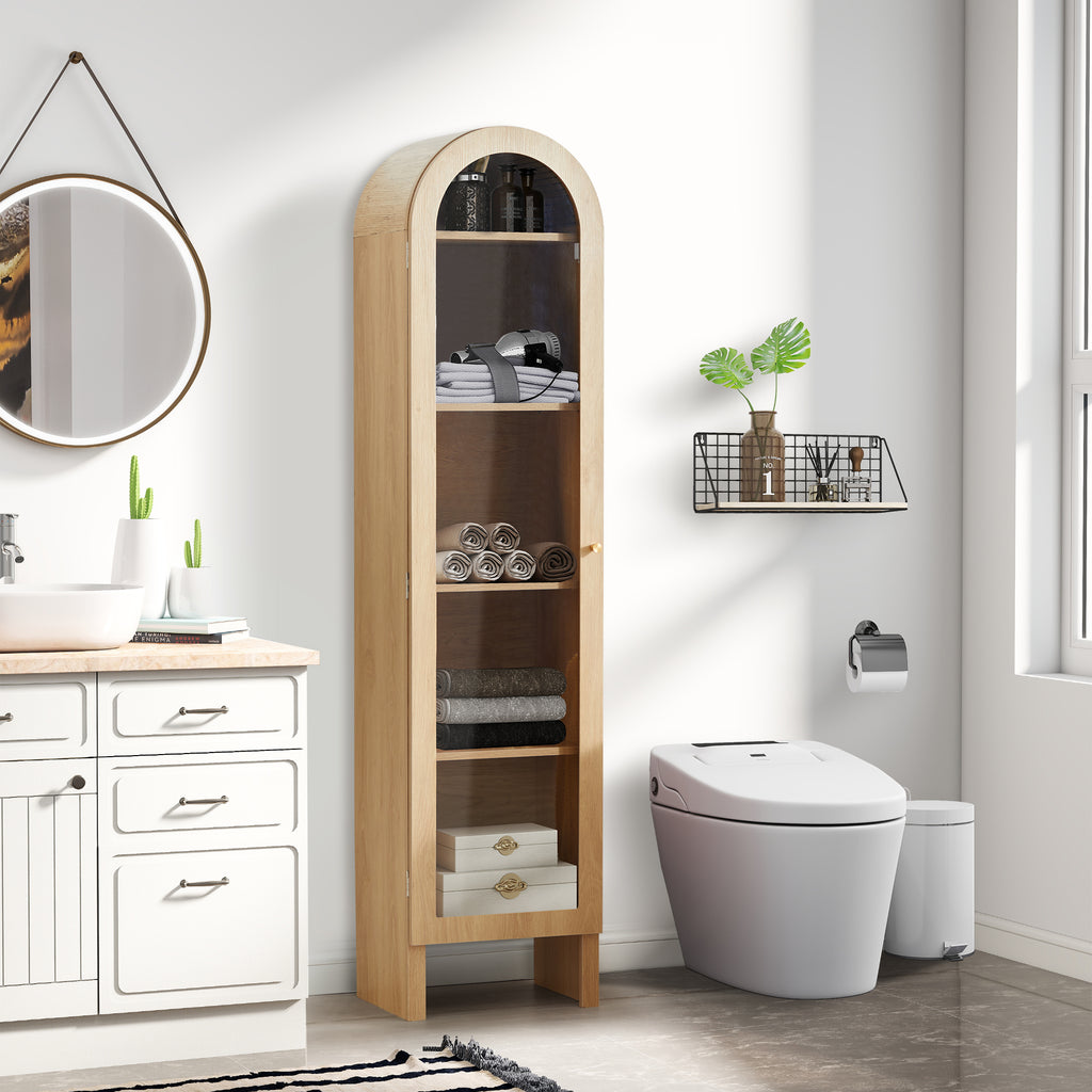 YOCWO Narrow Arched Bookcases with 5 Adjustable Shelves, Wooden Bookshelf wih Glass Door for Living Room Office