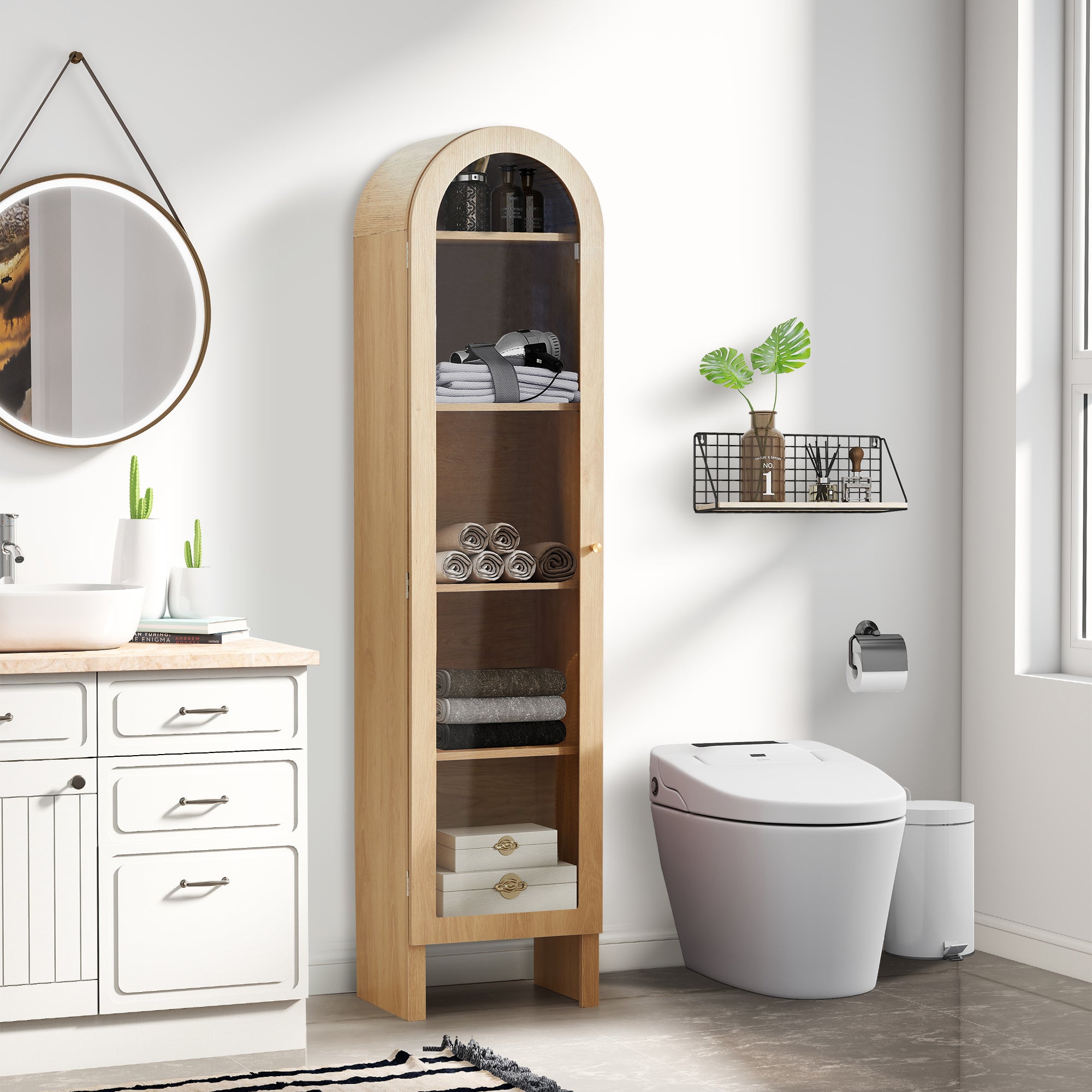 YOCWO Narrow Arched Bookcases with 5 Adjustable Shelves, Wooden Bookshelf wih Glass Door for Living Room Office