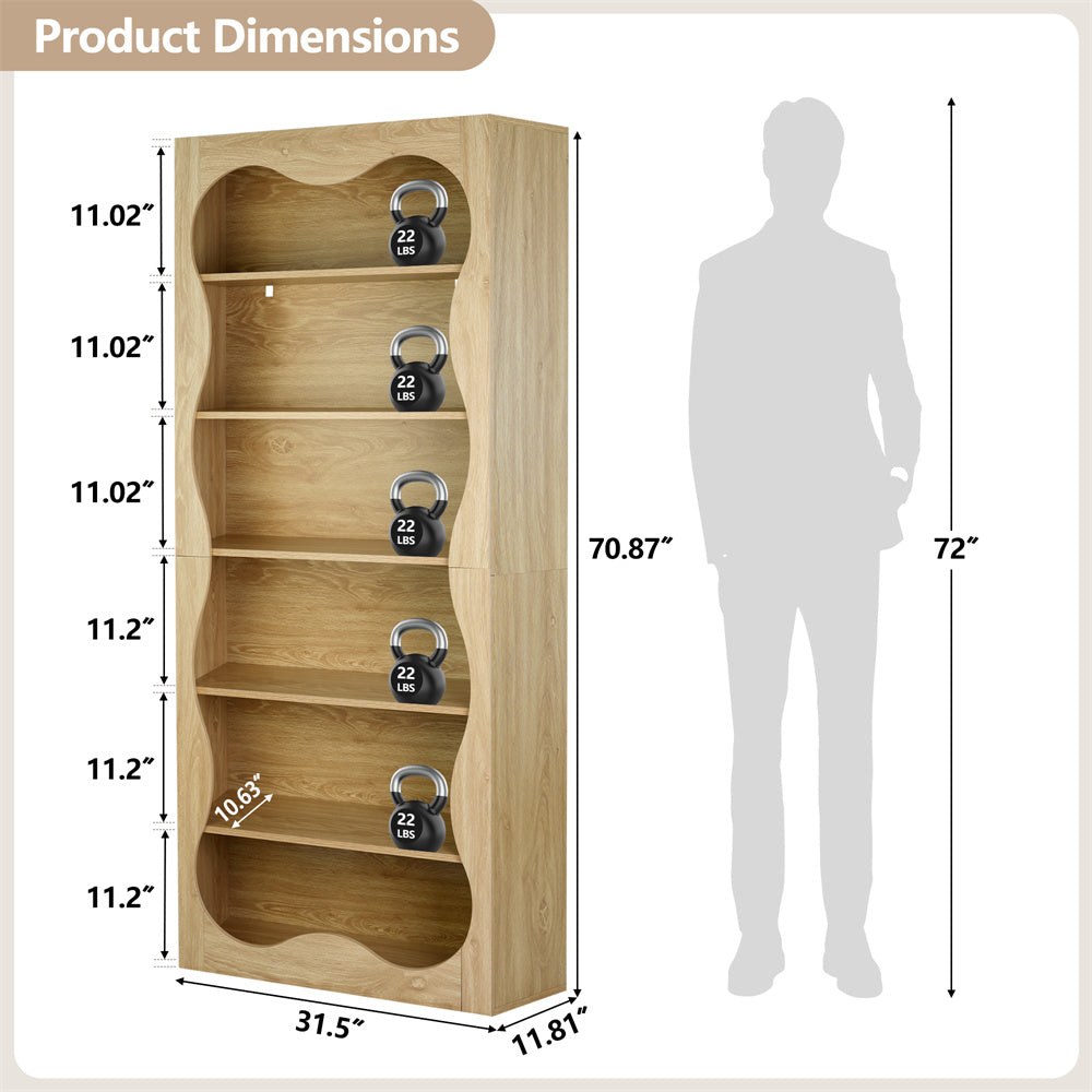 70" Tall Bookcase 6 Tier Wooden Bookshelf with Open Storage for Office