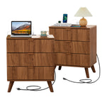3 Drawer Nightstand with Charging Station, Mid Century Modern Wide Nightstand with Drawers, Fluted Nightstand Dresser for Bedroom Bedside Table, Living Room End Table with Storage