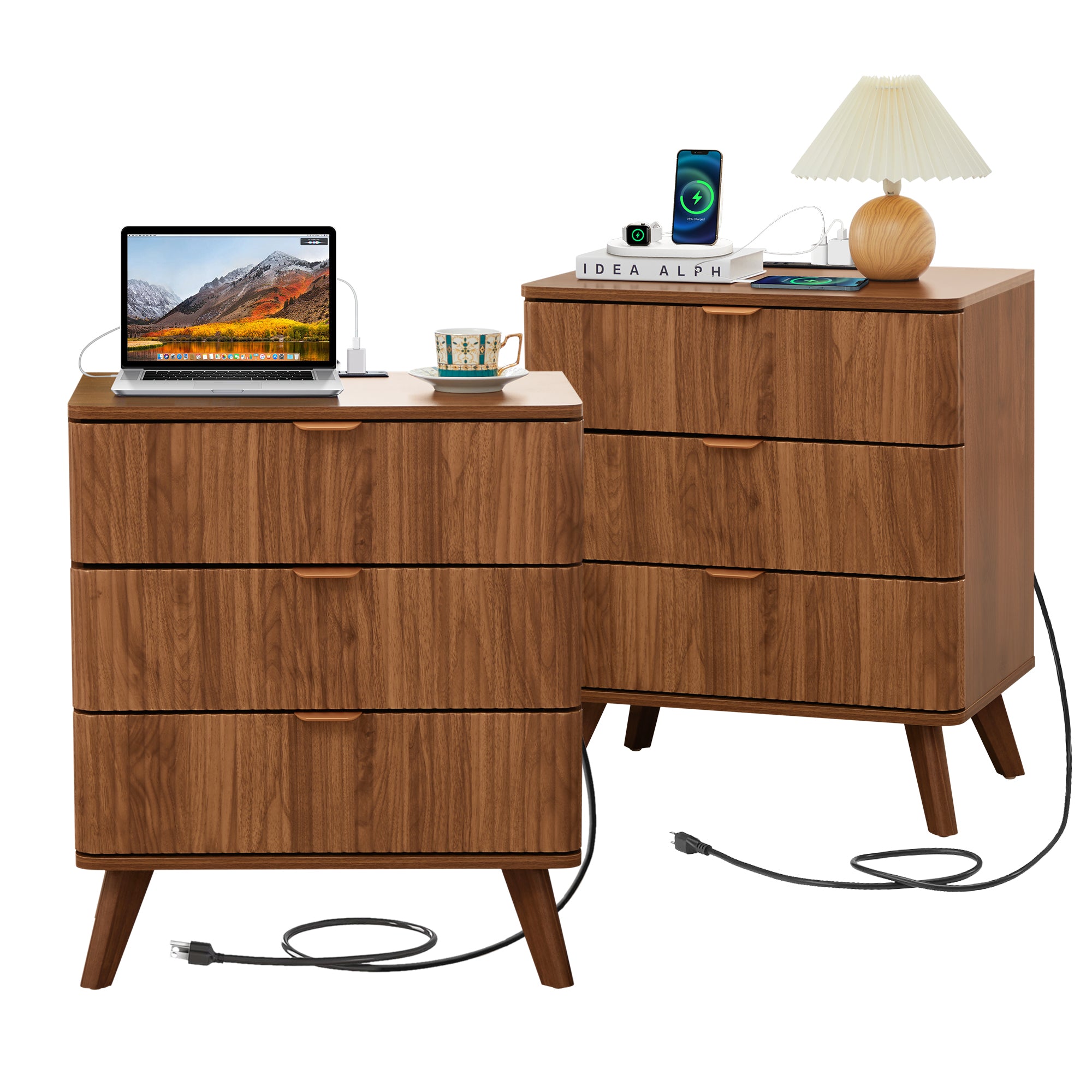 3 Drawer Nightstand with Charging Station, Mid Century Modern Wide Nightstand with Drawers, Fluted Nightstand Dresser for Bedroom Bedside Table, Living Room End Table with Storage