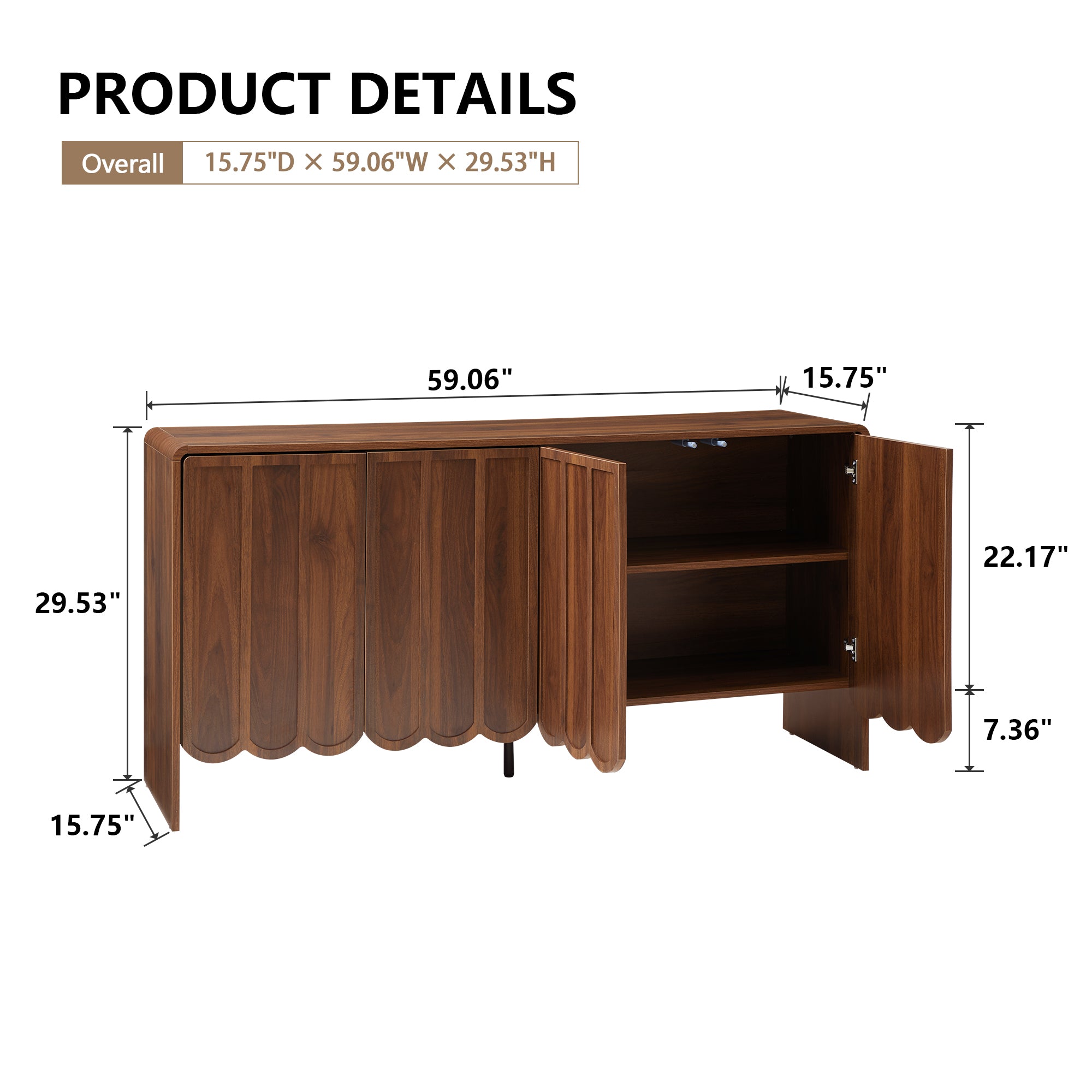 Sideboards and Buffets, Wave Panel Storage Cabinet with 4 Doors and Adjustable Shelf for Kitchen Living Room Entryway
