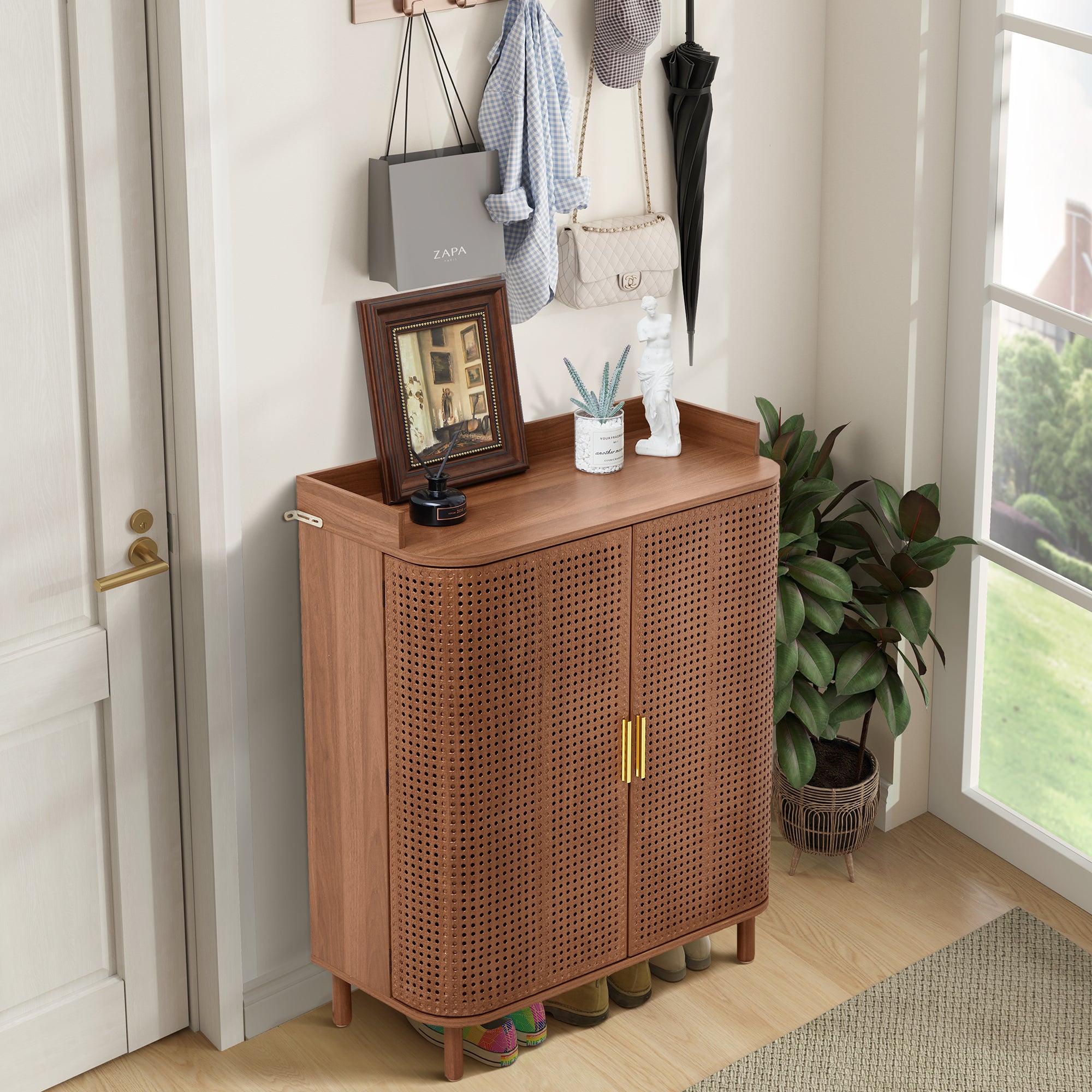YOCWO Rattan Shoe Storage Cabinet with Doors, Shoe Closet with Iron Rattan Curved Surface