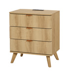3 Drawer Nightstand with Charging Station, Mid Century Modern Wide Nightstand with Drawers, Fluted Nightstand Dresser for Bedroom Bedside Table, Living Room End Table with Storage