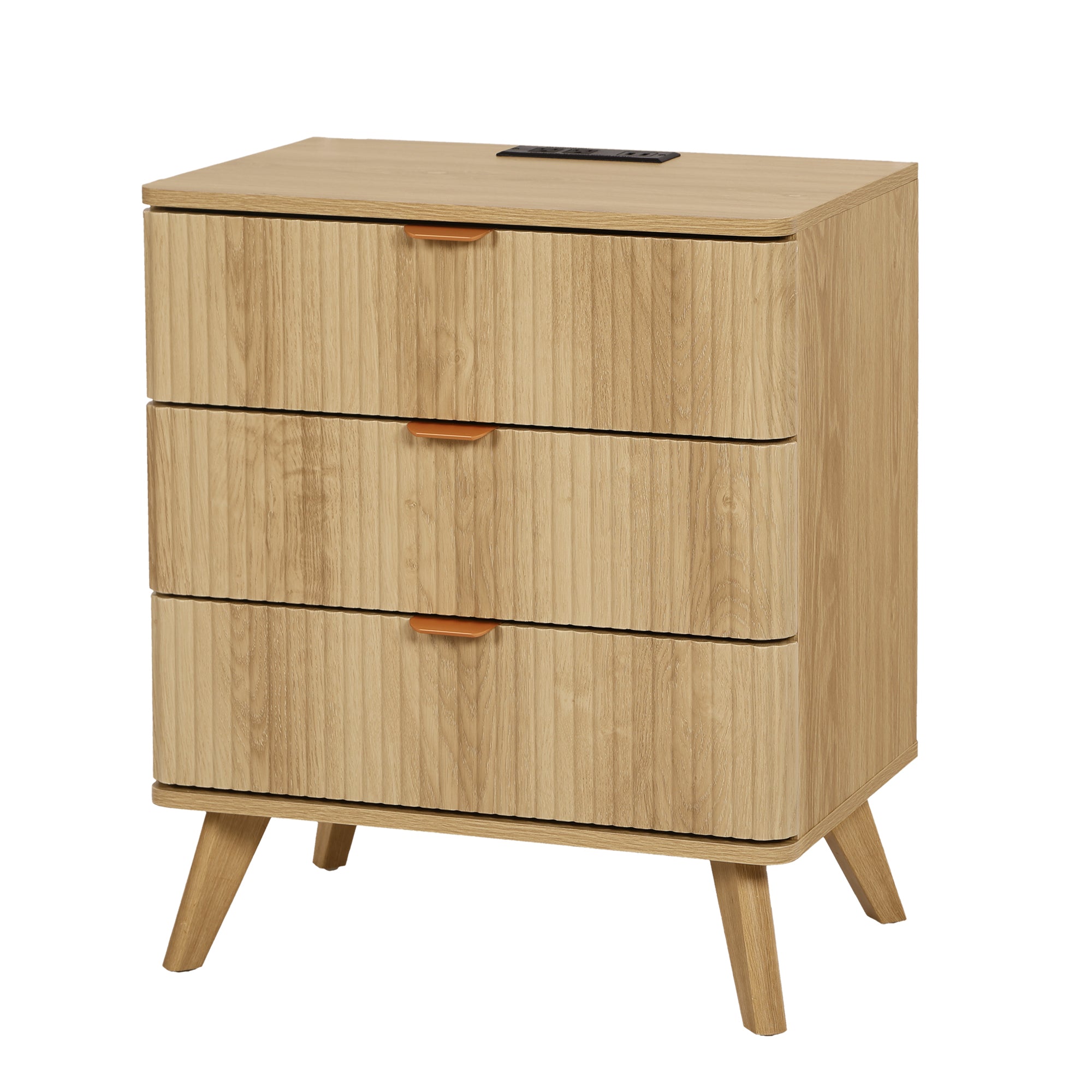 3 Drawer Nightstand with Charging Station, Mid Century Modern Wide Nightstand with Drawers, Fluted Nightstand Dresser for Bedroom Bedside Table, Living Room End Table with Storage