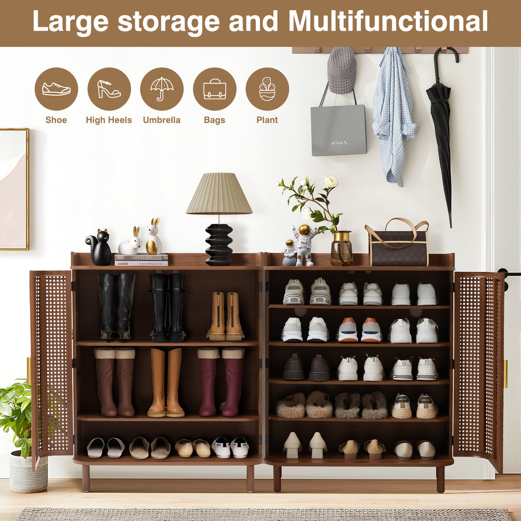 YOCWO Rattan Shoe Storage Cabinet with Doors, Shoe Closet with Iron Rattan Curved Surface