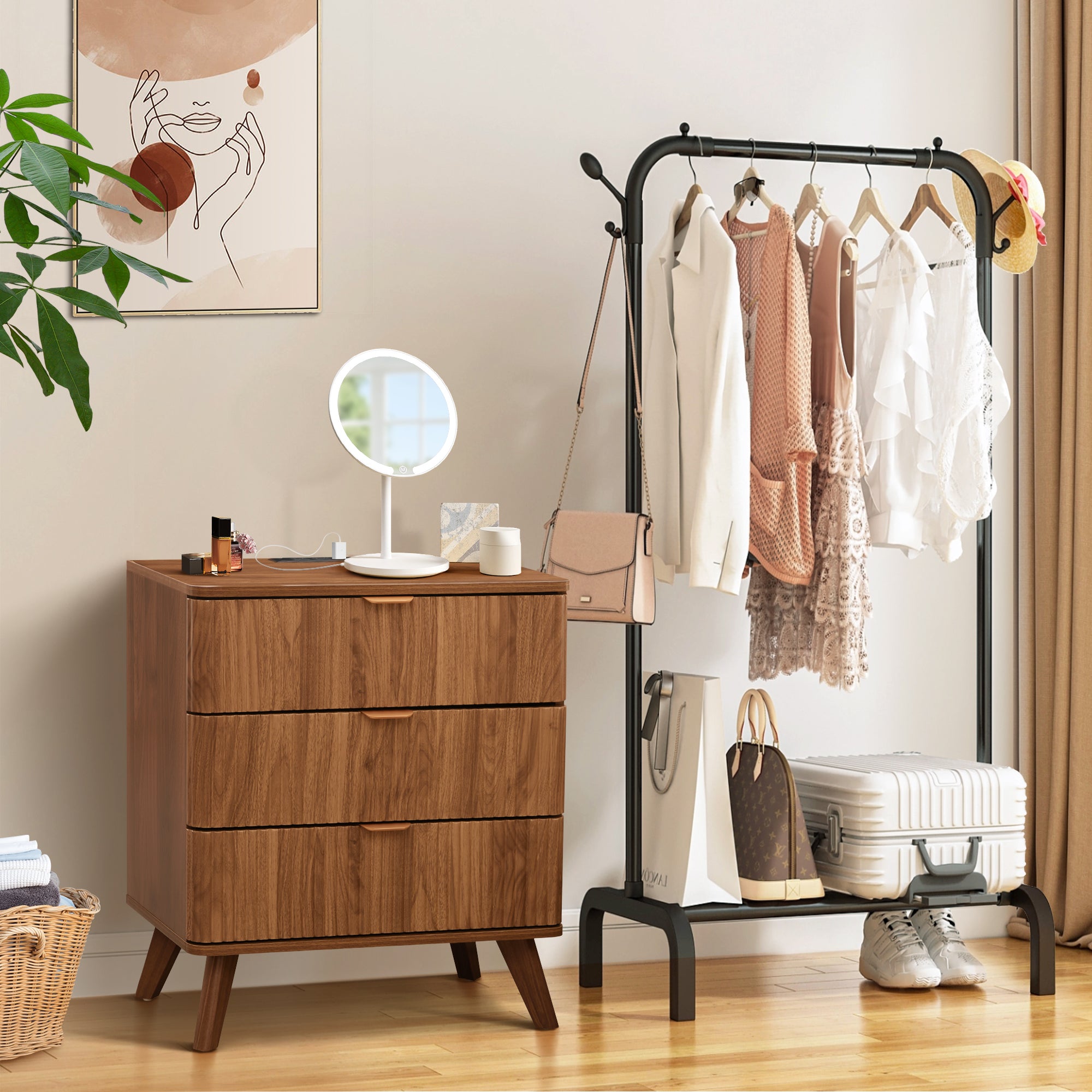 3 Drawer Nightstand with Charging Station, Mid Century Modern Wide Nightstand with Drawers, Fluted Nightstand Dresser for Bedroom Bedside Table, Living Room End Table with Storage