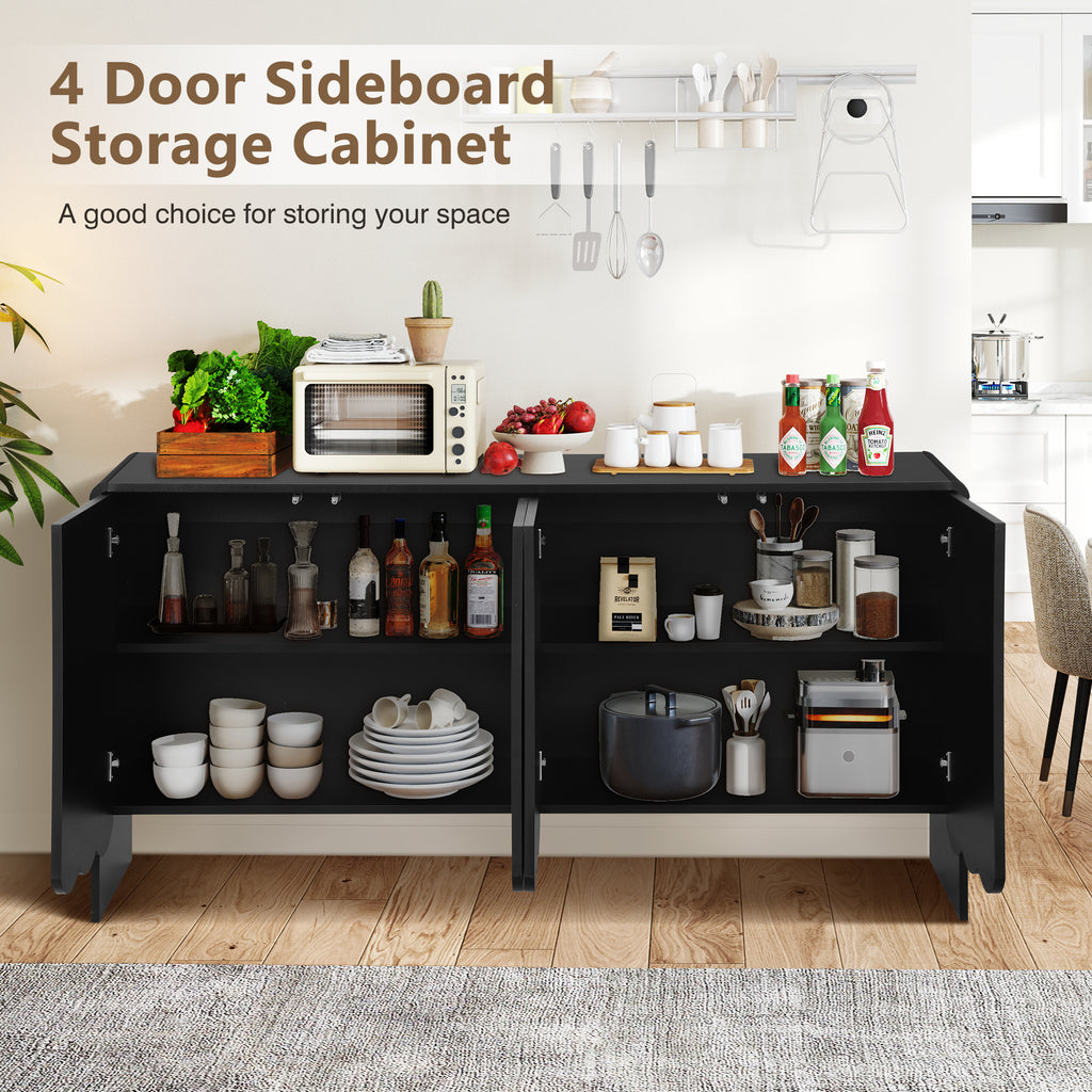 Sideboards and Buffets, Wave Panel Storage Cabinet with 4 Doors and Adjustable Shelf for Kitchen Living Room Entryway