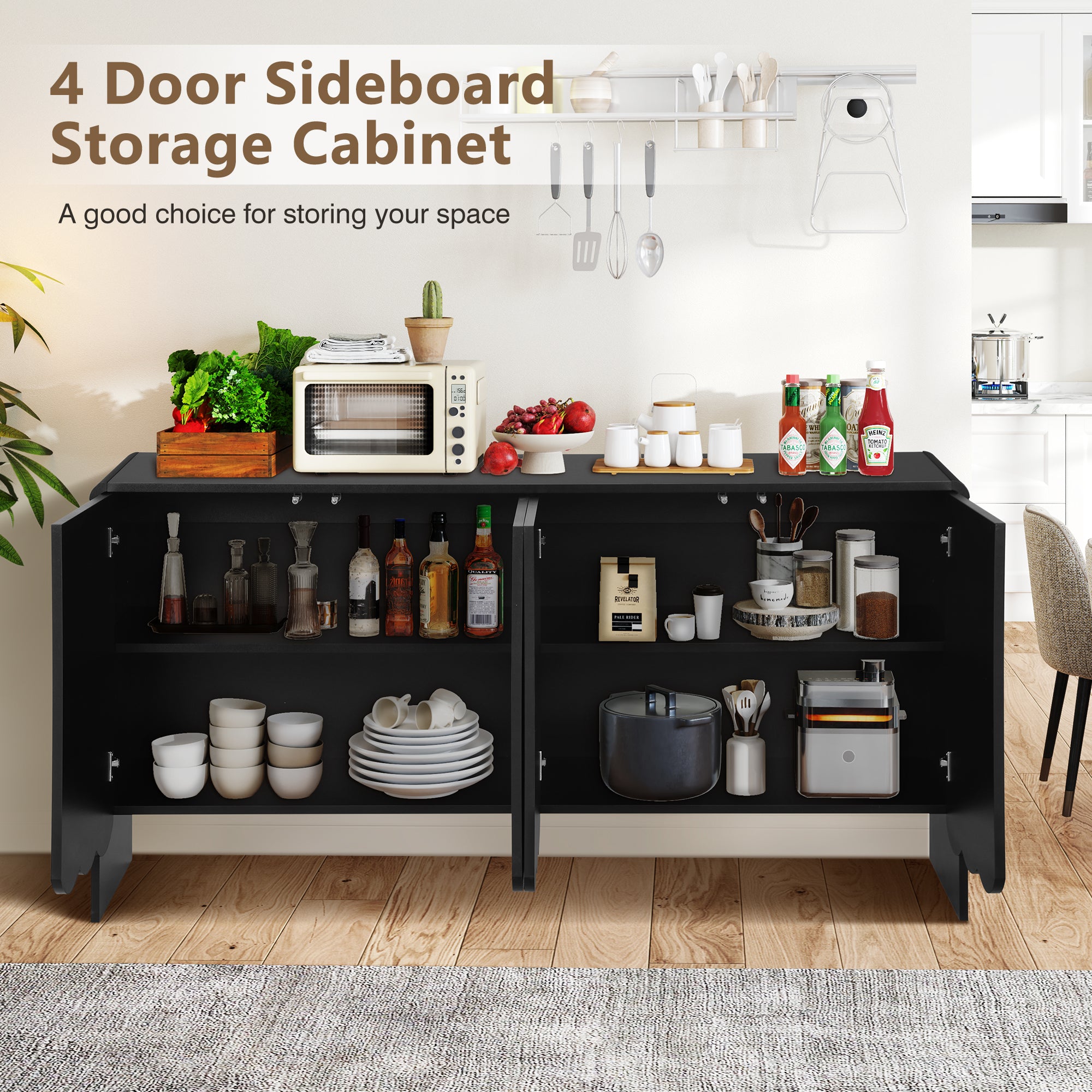 Sideboards and Buffets, Wave Panel Storage Cabinet with 4 Doors and Adjustable Shelf for Kitchen Living Room Entryway