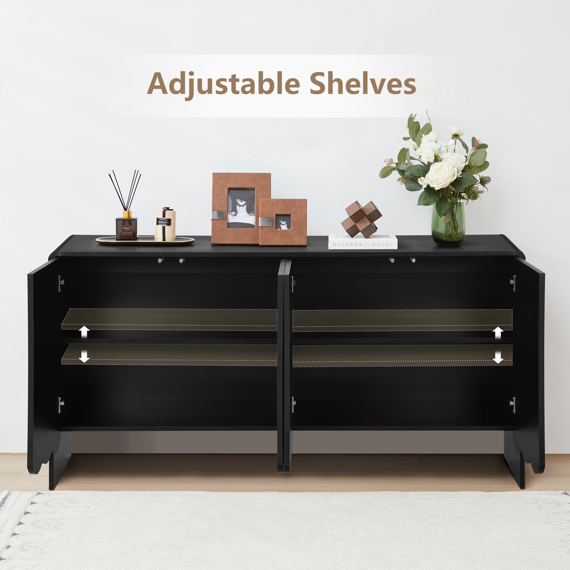 Sideboards and Buffets, Wave Panel Storage Cabinet with 4 Doors and Adjustable Shelf for Kitchen Living Room Entryway