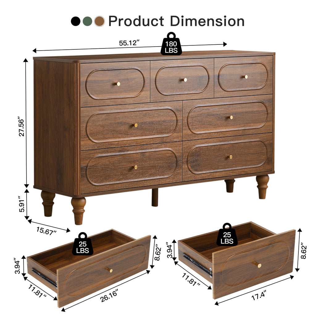 YOCWO 7 Drawer Fluted Dresser for Bedroom, Mid Century Chest of Drawers with Arc Edge, Wood Storage Large Dresser Organizer for Bedroom Living Room Hallway Closet