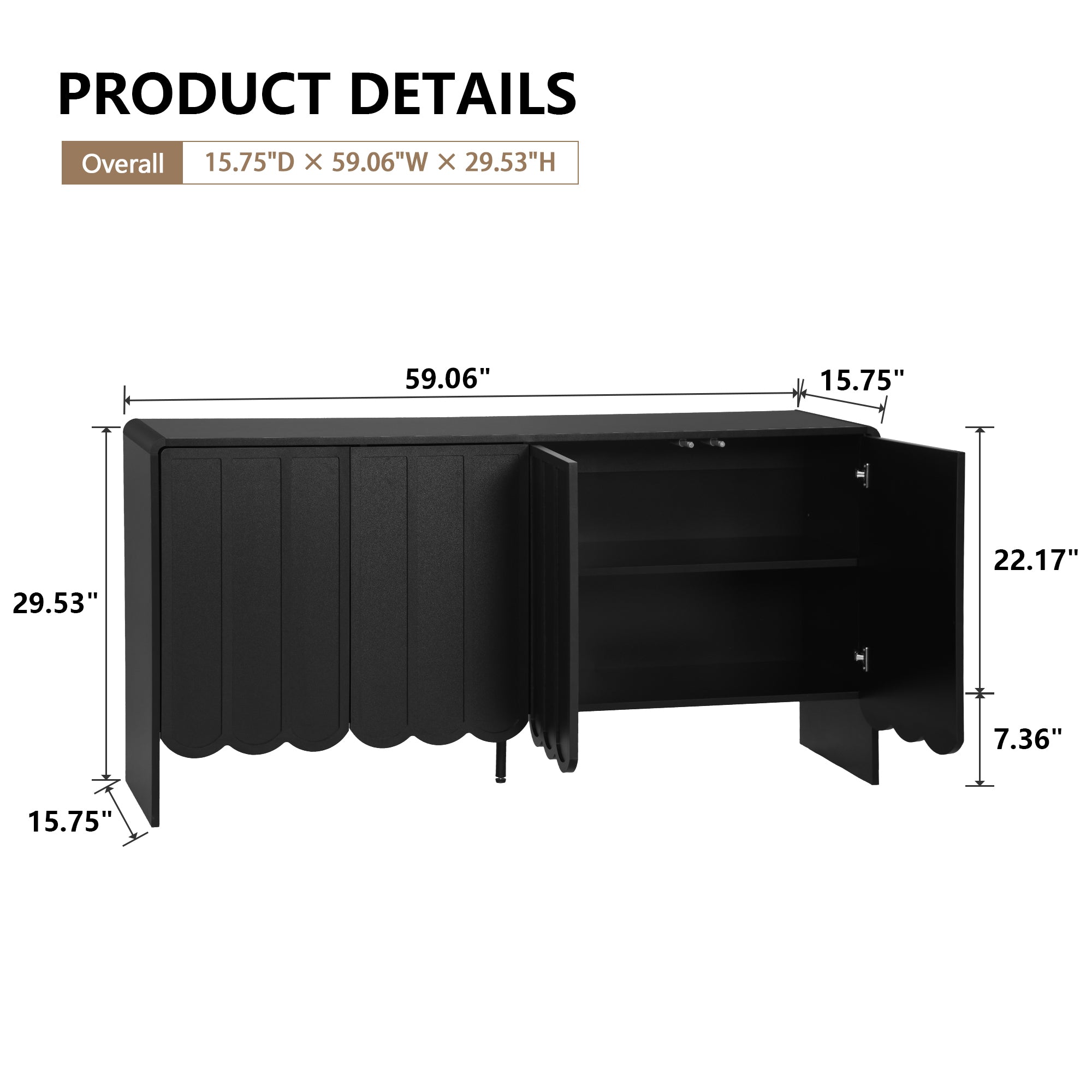 Sideboards and Buffets, Wave Panel Storage Cabinet with 4 Doors and Adjustable Shelf for Kitchen Living Room Entryway