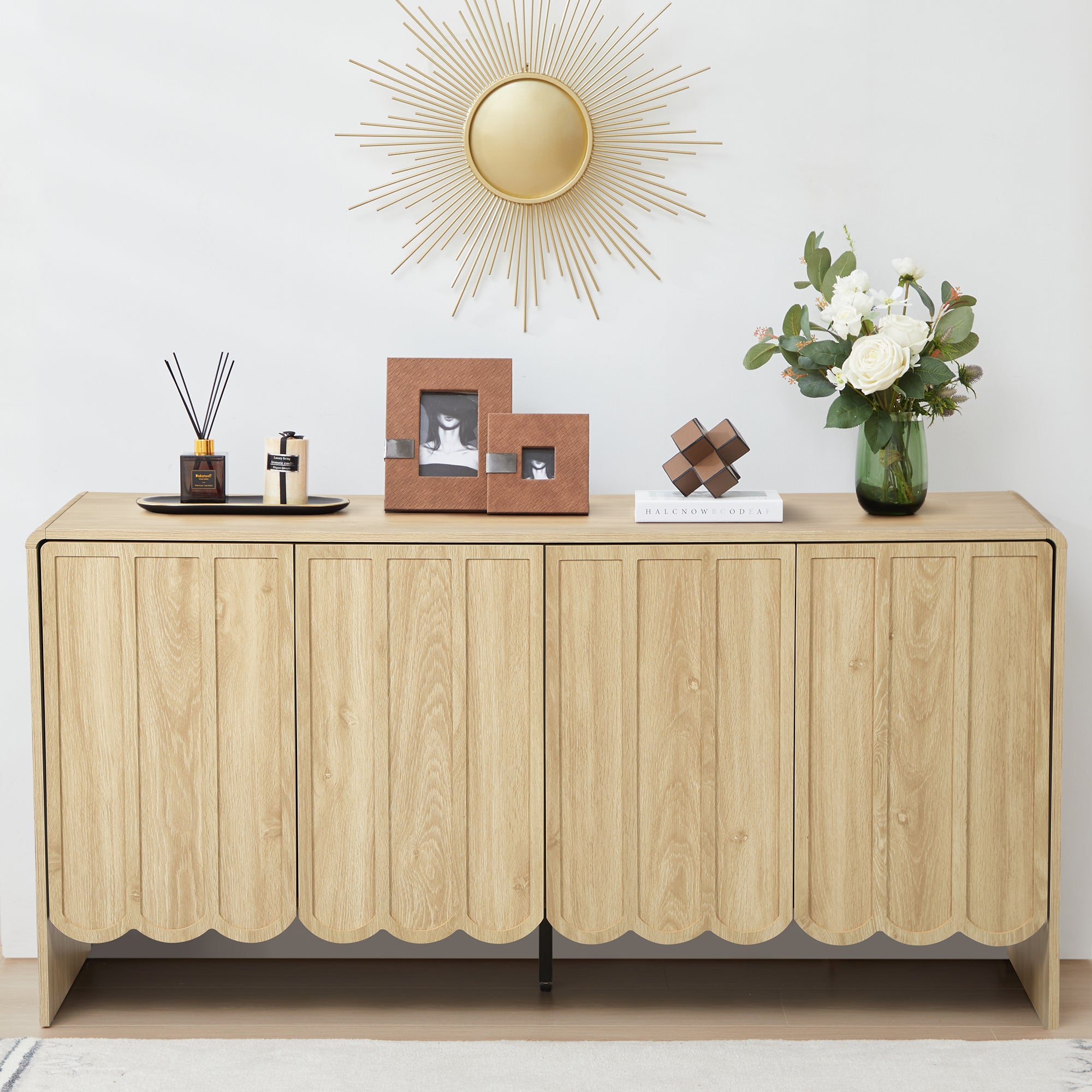 Sideboards and Buffets, Wave Panel Storage Cabinet with 4 Doors and Adjustable Shelf for Kitchen Living Room Entryway