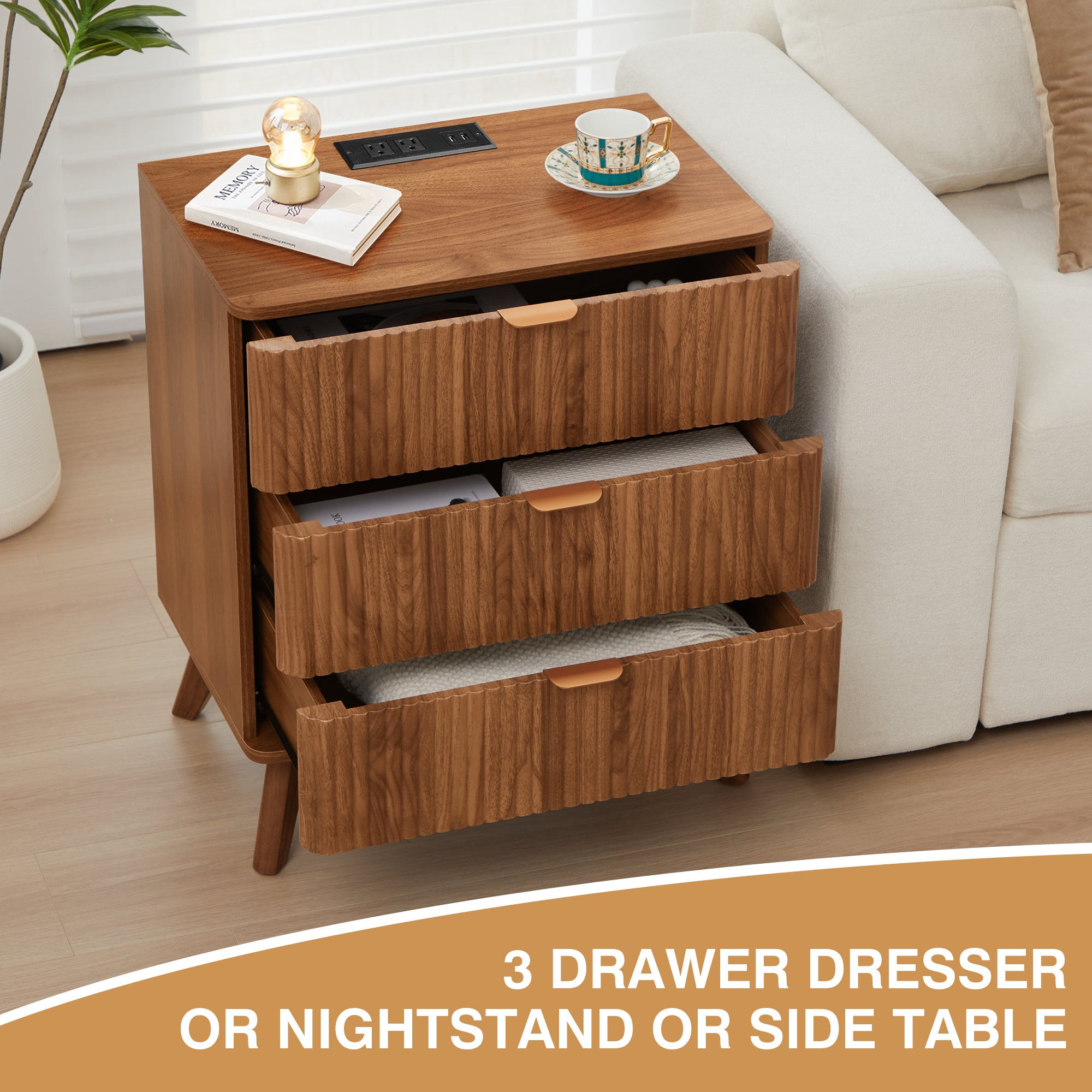 3 Drawer Nightstand with Charging Station, Mid Century Modern Wide Nightstand with Drawers, Fluted Nightstand Dresser for Bedroom Bedside Table, Living Room End Table with Storage
