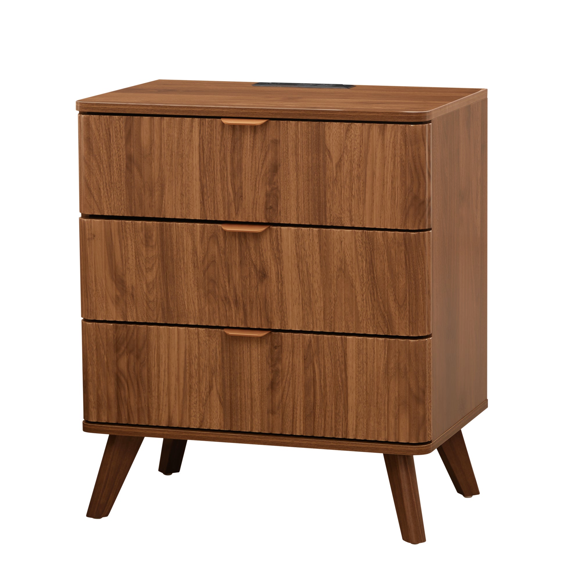 3 Drawer Nightstand with Charging Station, Mid Century Modern Wide Nightstand with Drawers, Fluted Nightstand Dresser for Bedroom Bedside Table, Living Room End Table with Storage