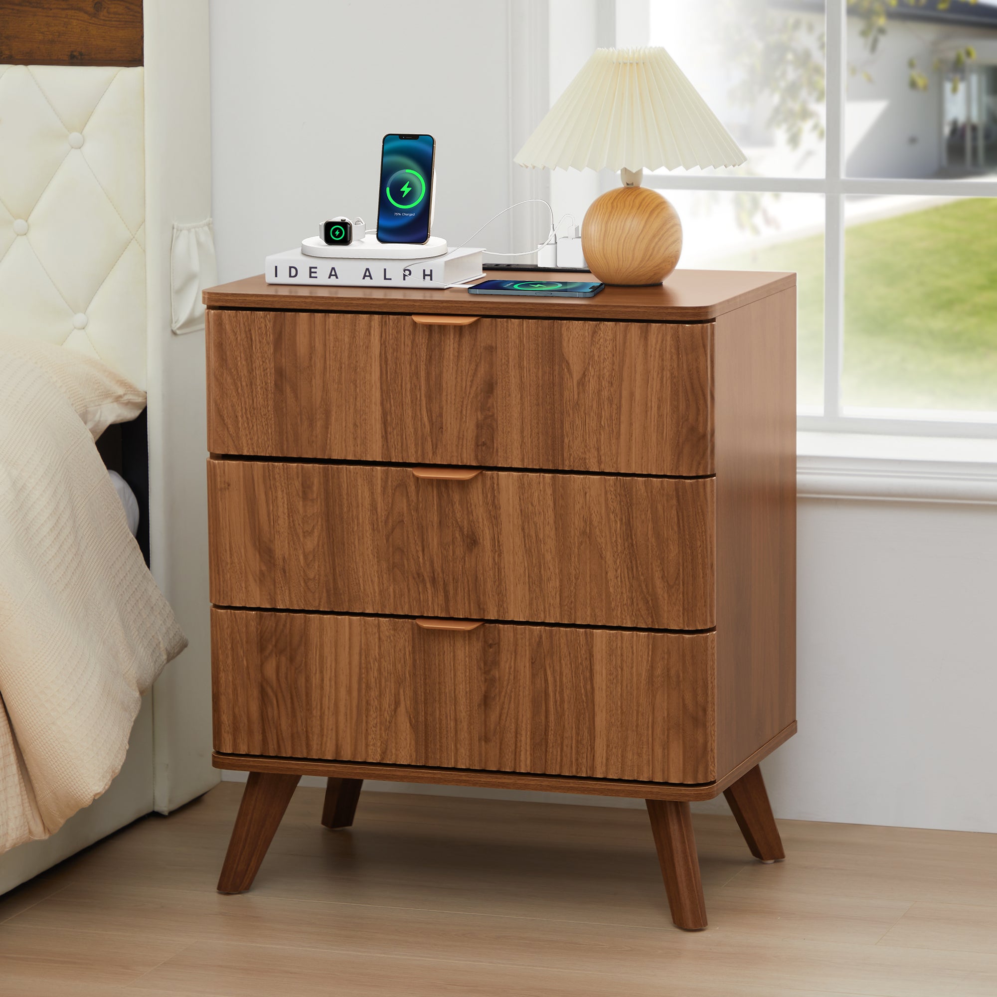 3 Drawer Nightstand with Charging Station, Mid Century Modern Wide Nightstand with Drawers, Fluted Nightstand Dresser for Bedroom Bedside Table, Living Room End Table with Storage