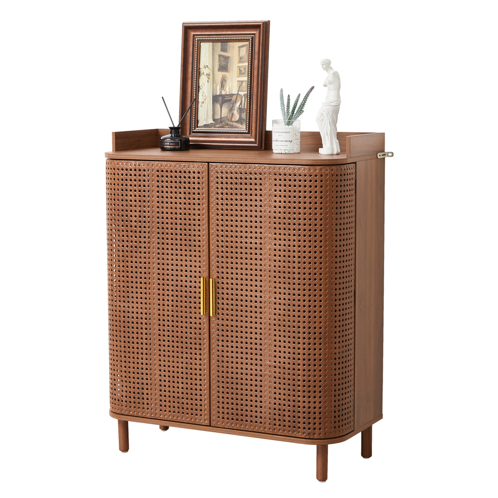 YOCWO Rattan Shoe Storage Cabinet with Doors, Shoe Closet with Iron Rattan Curved Surface