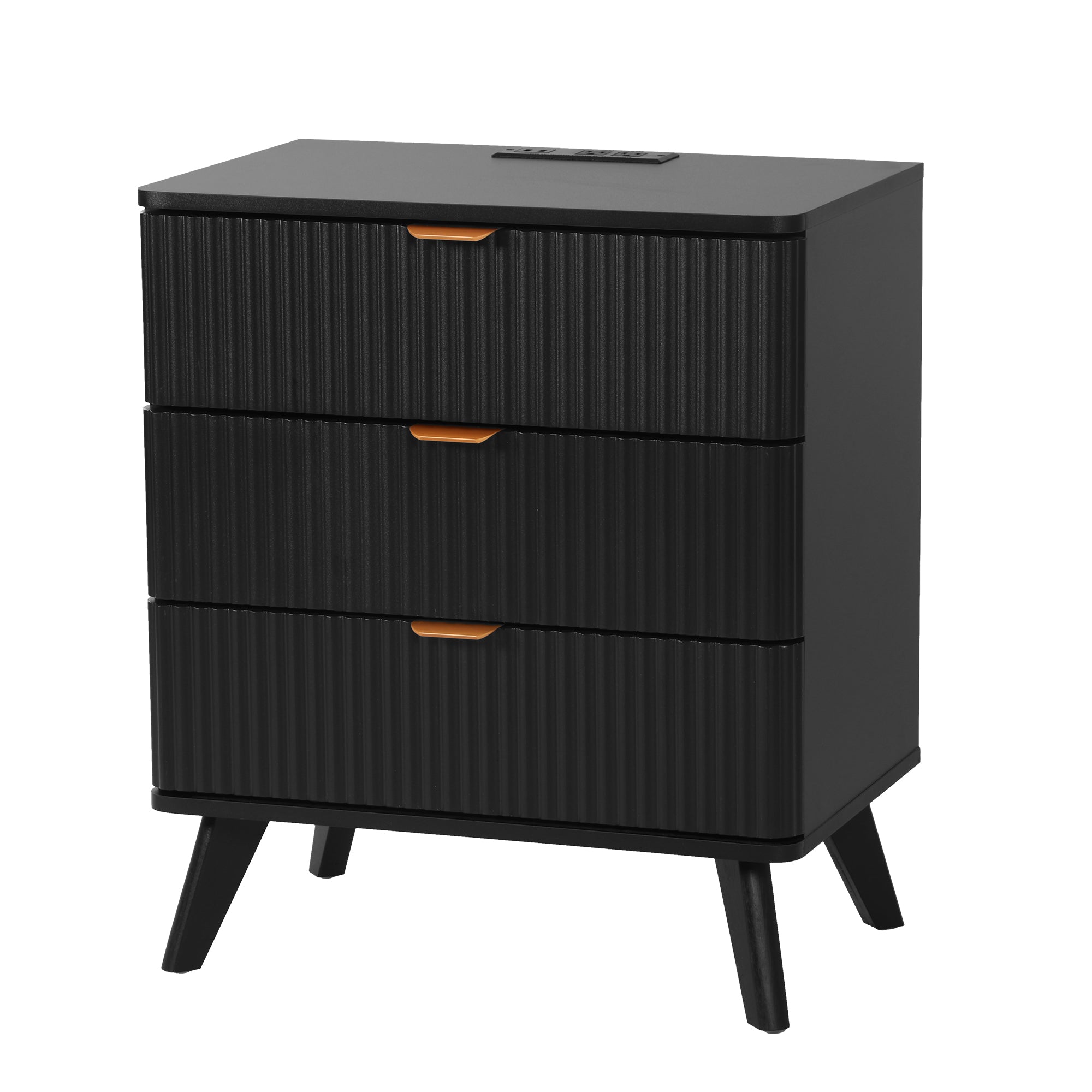 3 Drawer Nightstand with Charging Station, Mid Century Modern Wide Nightstand with Drawers, Fluted Nightstand Dresser for Bedroom Bedside Table, Living Room End Table with Storage