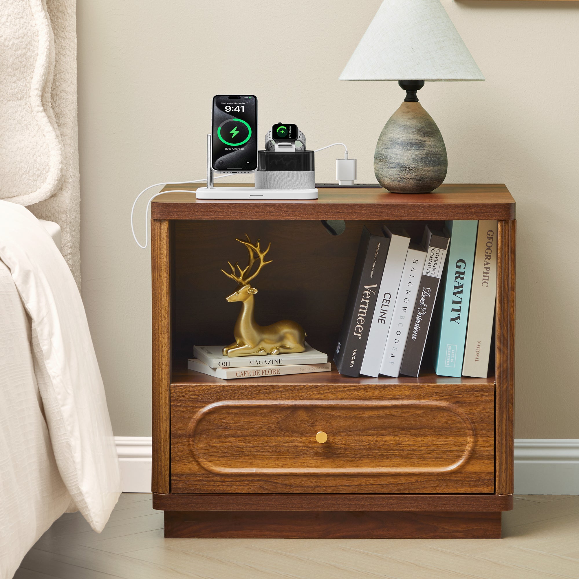 YOCWO Nightstand Set of 2 with Drawers and Charging Station for Bedroom, Mid Century Bedside Table with Open Shelf for Storage, Arched Drawer and Fluted Side