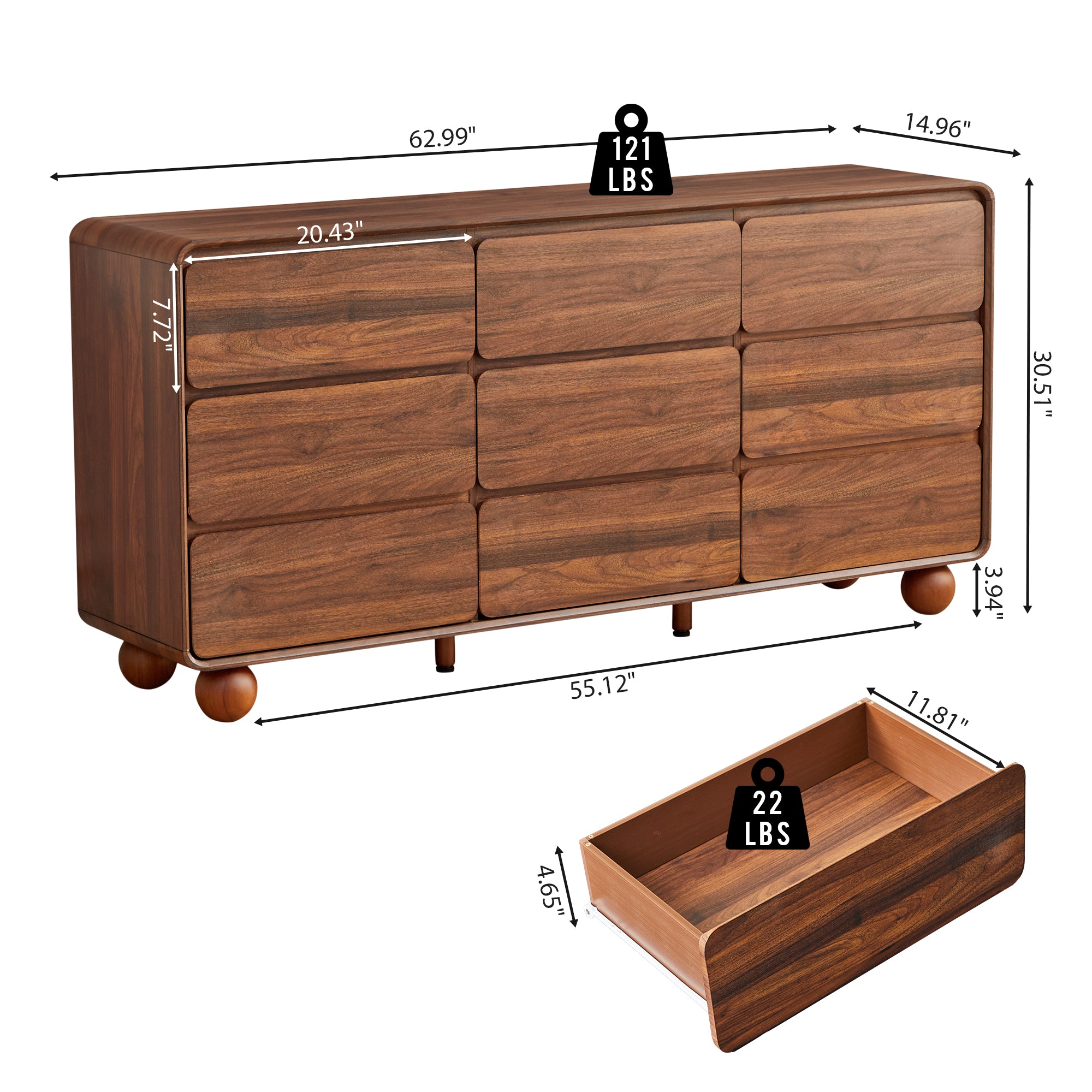 YOCWO 9 Drawer Dresser for Bedroom, Mid Century Chest of Drawers with Arc Edge and Round Leg, Wood Storage Large Dresser Organizer for Bedroom Living Room Hallway Closet