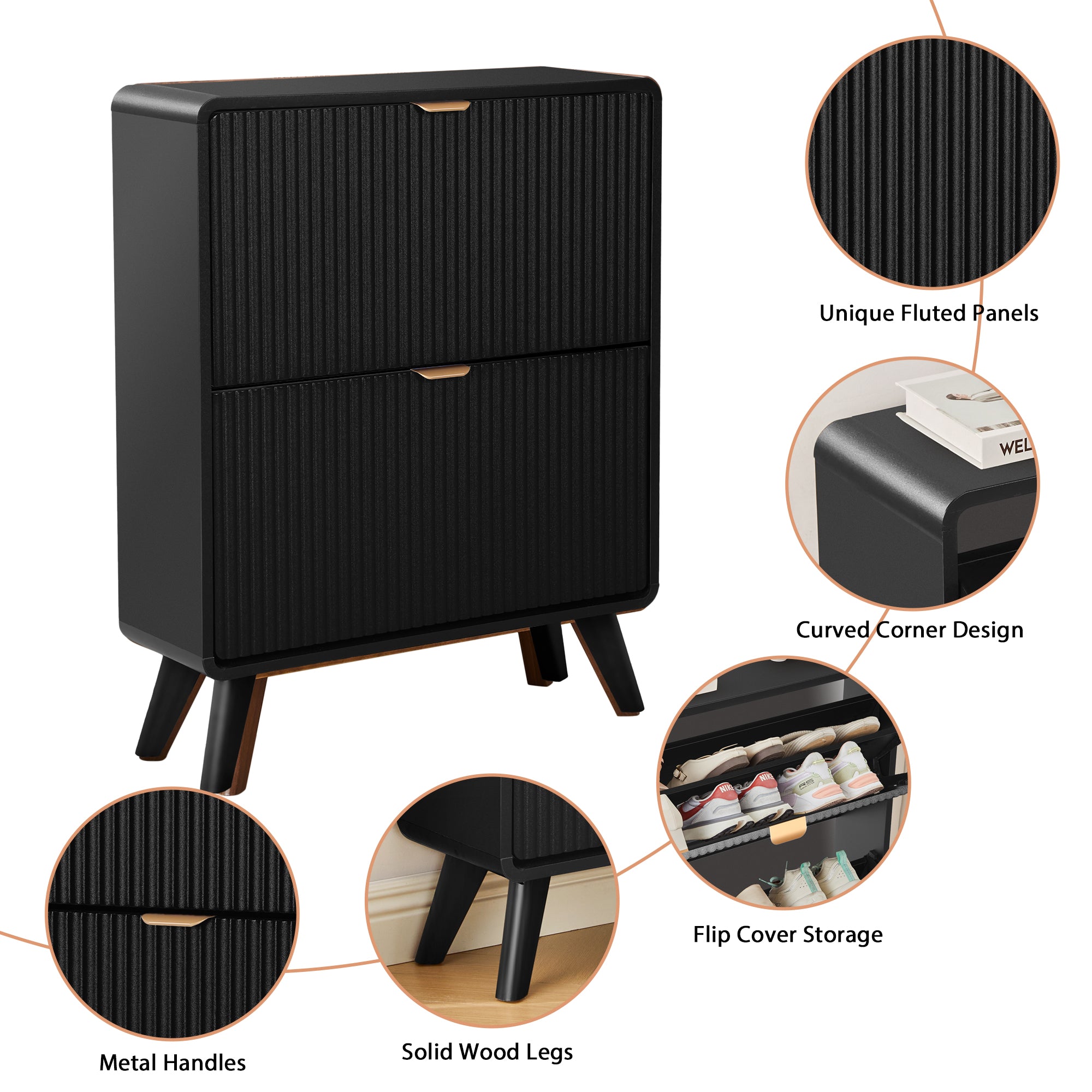 YOCWO Fluted Shoe Storage Cabinet with 2 Flip Drawers, Modern Wood Shoe Rack Organizer, Freestanding Narrow Shoe Cabinet for Entryway Hallway