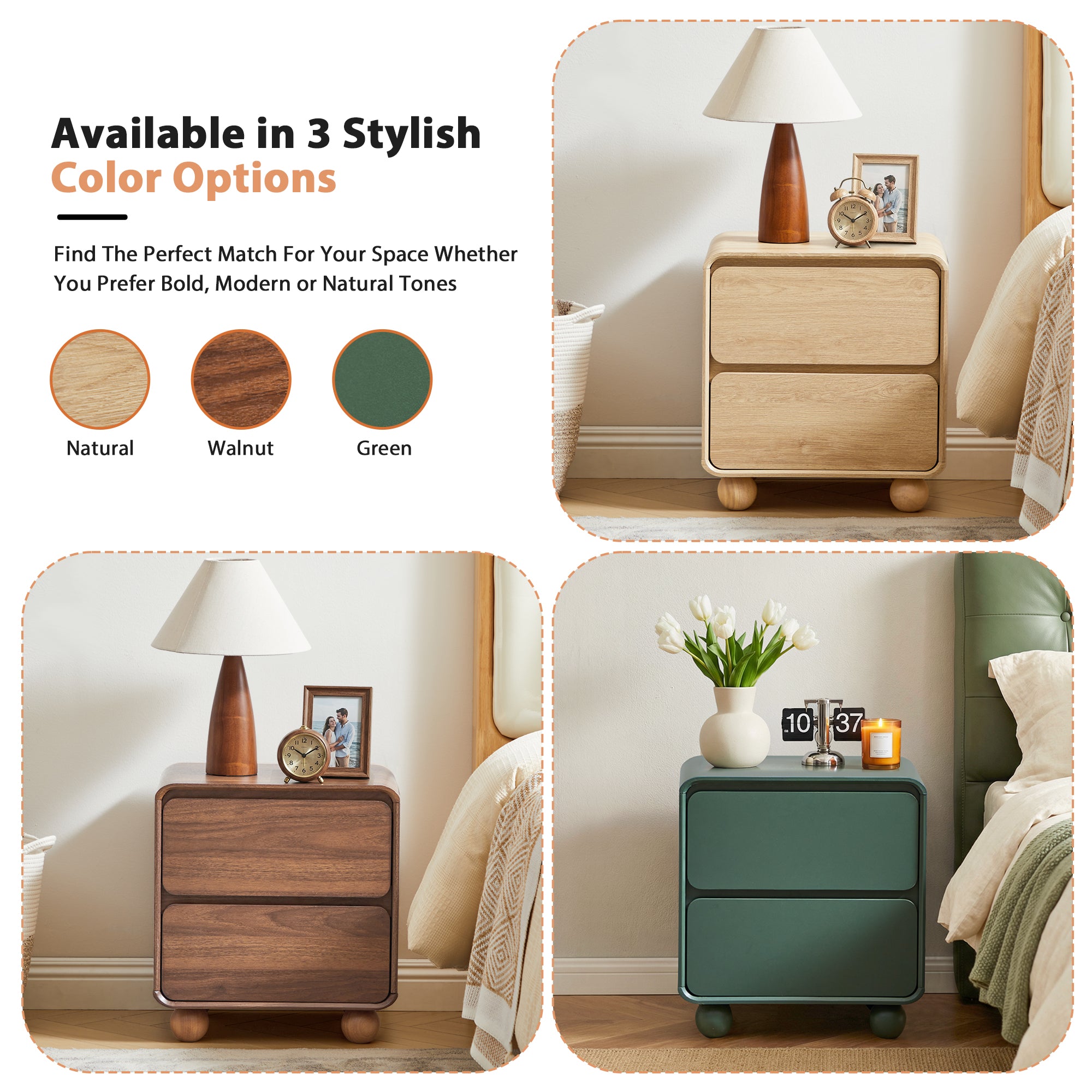 YOCWO Nightstand Set of 2 for Bedroom, Mid Century Bedside Table with Arc Edge and Round Leg, Wood Storage Chest of Drawer Organizer for Bedroom Living Room Hallway Closet