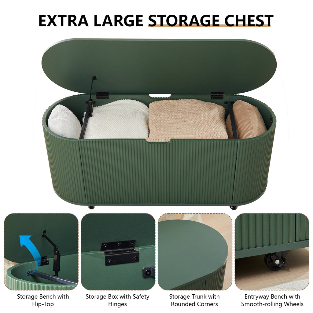 YOCWO Oval Storage Bench with Flip Top and Wheels, Fluted Wave Entryway Bench with Storage End of Bed Bench for Bedroom& Living Room