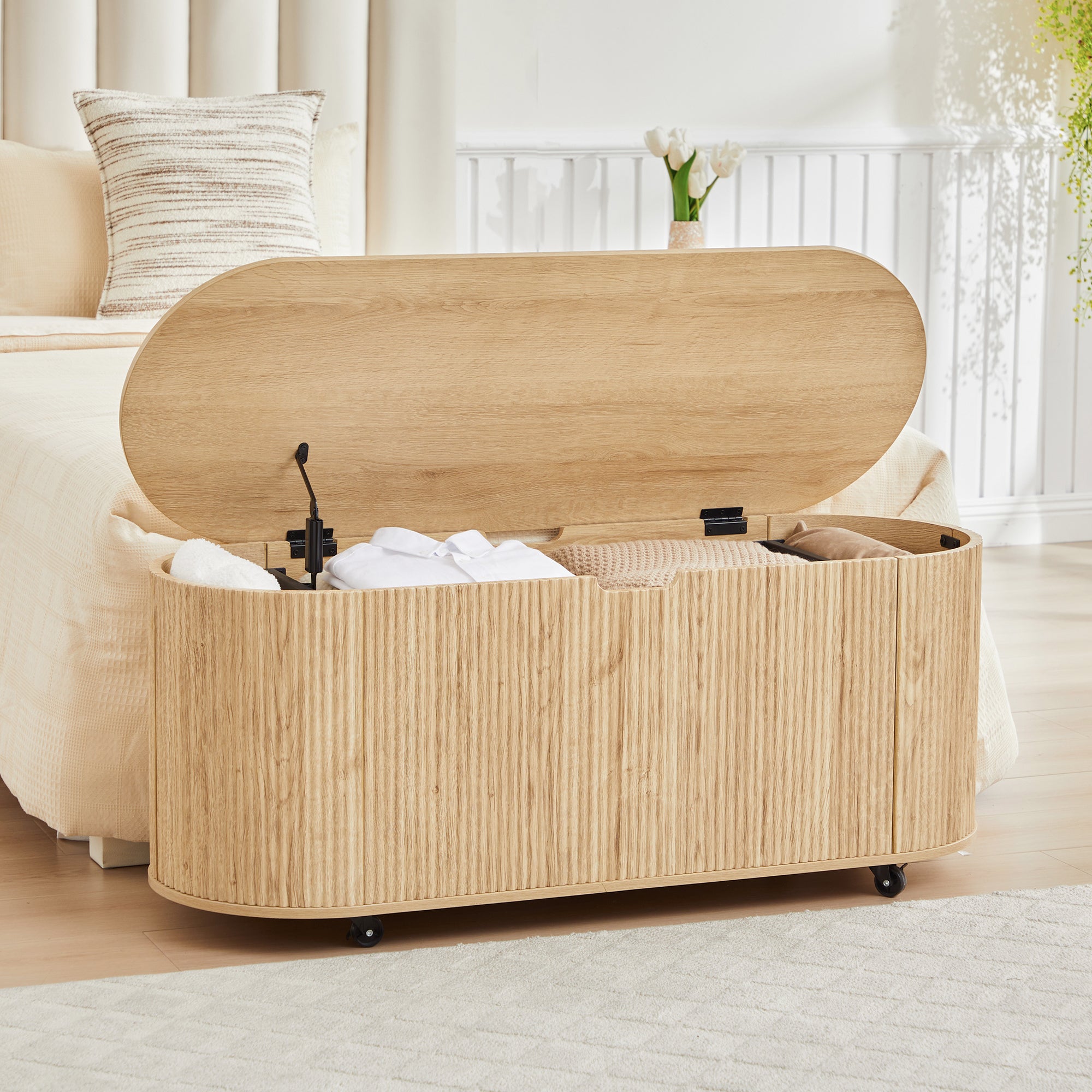 YOCWO Oval Storage Bench with Flip Top and Wheels, Fluted Wave Entryway Bench with Storage End of Bed Bench for Bedroom& Living Room