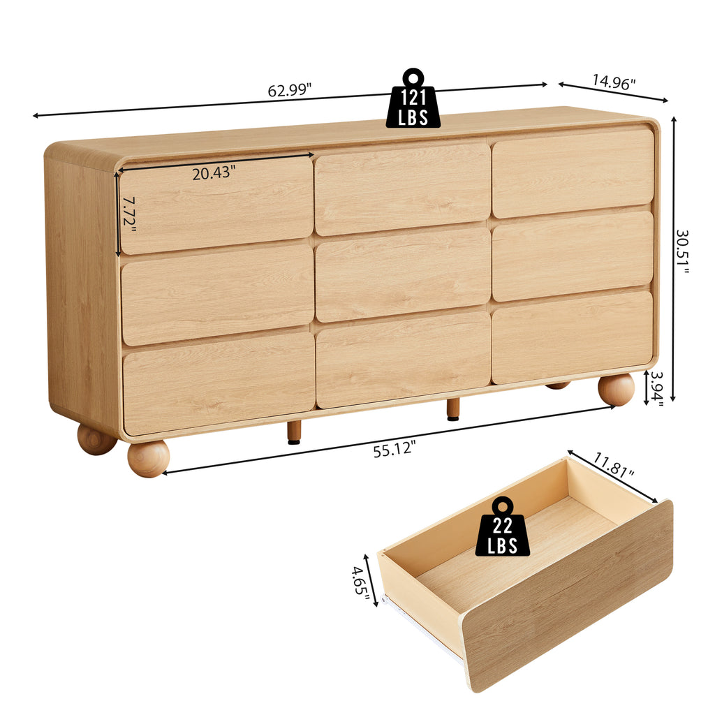 YOCWO 9 Drawer Dresser for Bedroom, Mid Century Chest of Drawers with Arc Edge and Round Leg, Wood Storage Large Dresser Organizer for Bedroom Living Room Hallway Closet