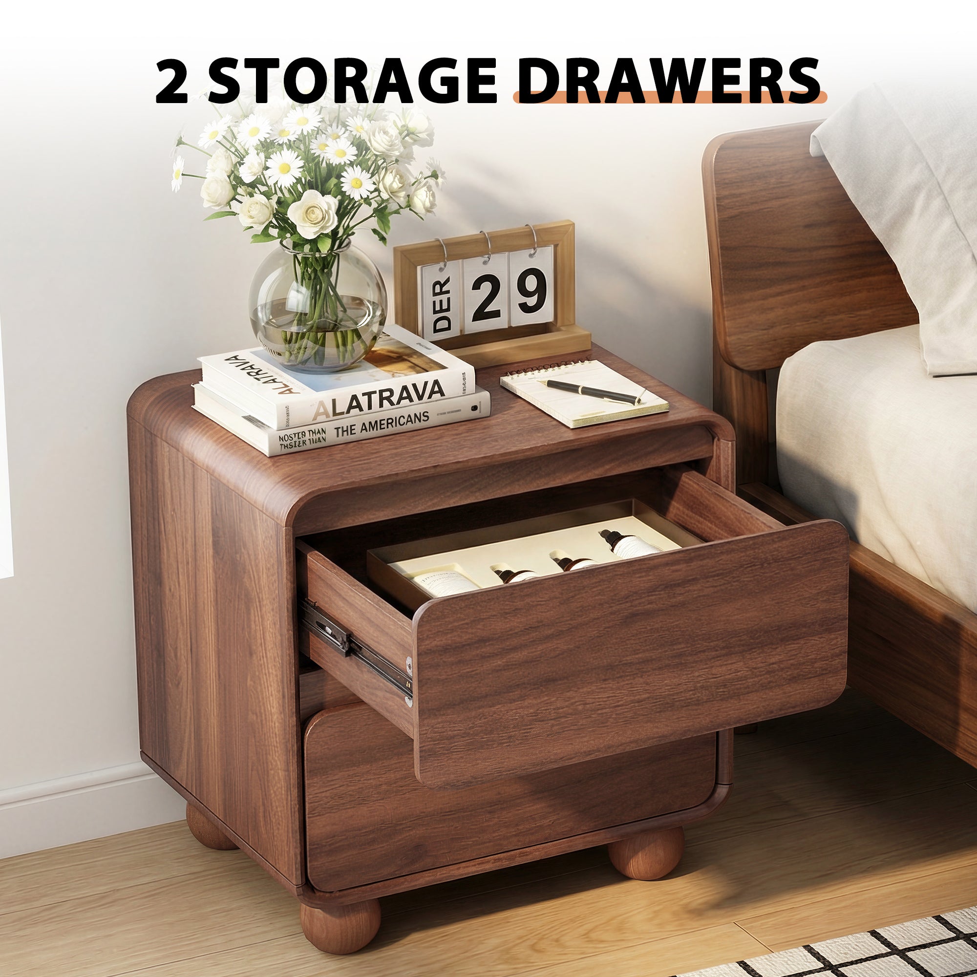 YOCWO Nightstand Set of 2 for Bedroom, Mid Century Bedside Table with Arc Edge and Round Leg, Wood Storage Chest of Drawer Organizer for Bedroom Living Room Hallway Closet