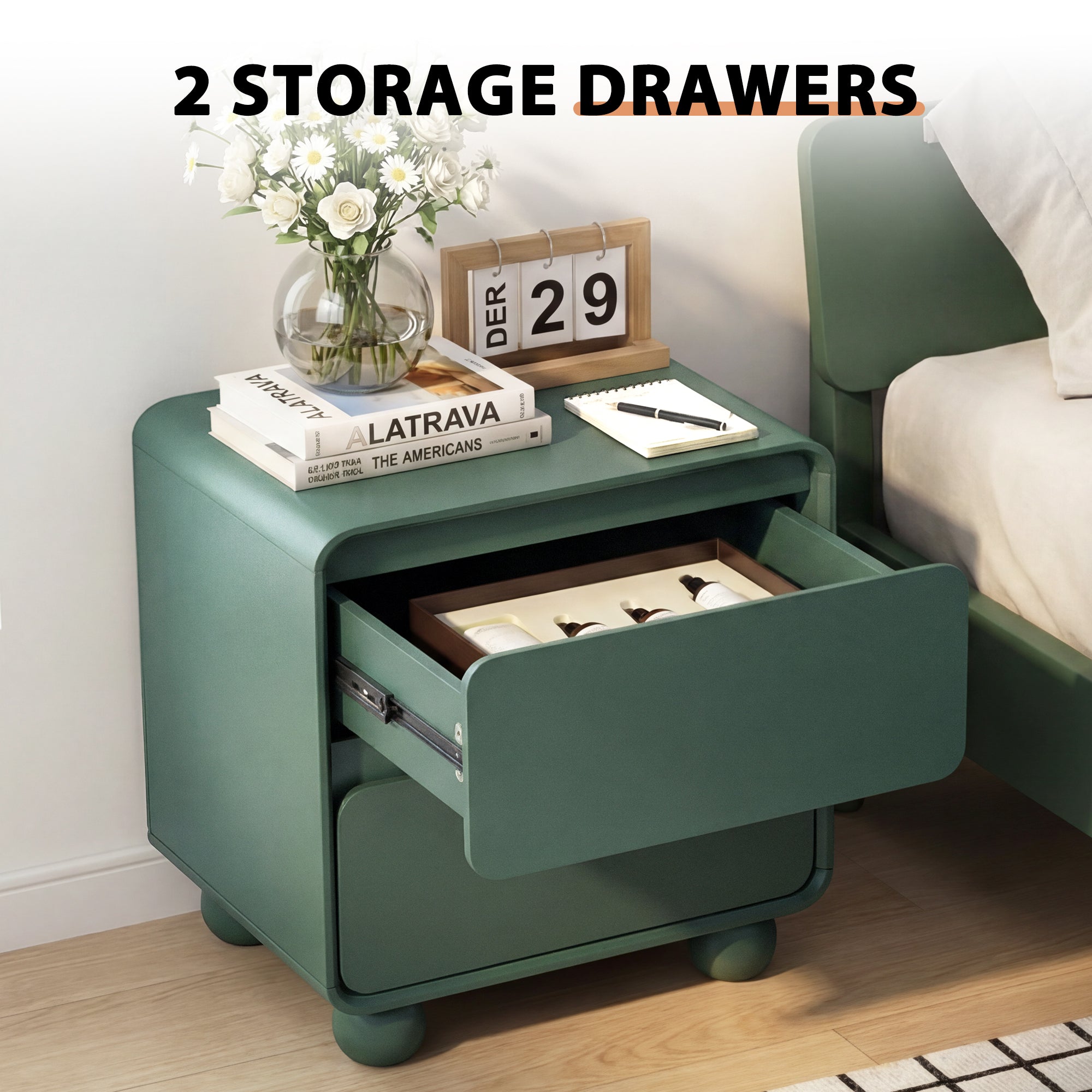 YOCWO Nightstand Set of 2 for Bedroom, Mid Century Bedside Table with Arc Edge and Round Leg, Wood Storage Chest of Drawer Organizer for Bedroom Living Room Hallway Closet
