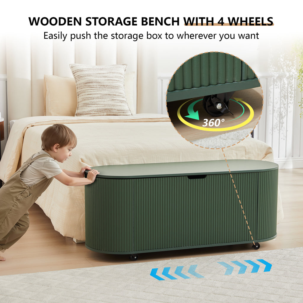 YOCWO Oval Storage Bench with Flip Top and Wheels, Fluted Wave Entryway Bench with Storage End of Bed Bench for Bedroom& Living Room